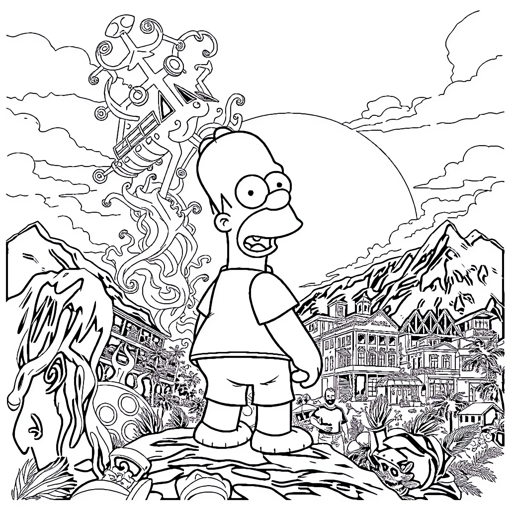 Homer's Bizarre Adventure in a Surreal Landscape Coloring Page (free black-and-white line drawing printable PDF for all, from beginners to advanced learners, including children, teens, adults, and seniors)