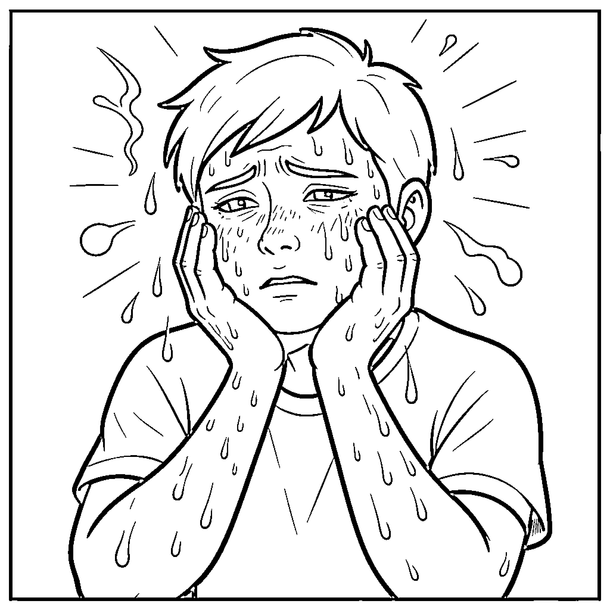 Heatstress: Distressed person sweating profusely Coloring Page (free black-and-white line drawing printable PDF for all, from beginners to advanced learners, including children, teens, adults, and seniors)