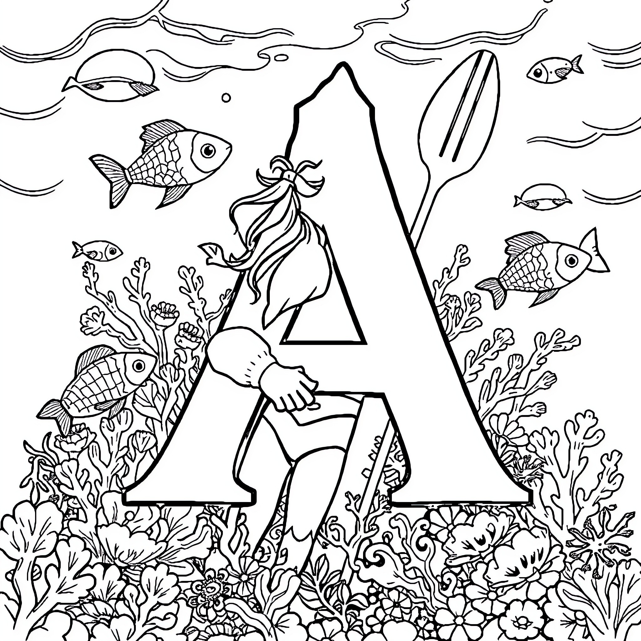 Letter A with Underwater Creatures and Coral Reef Coloring Page (free black-and-white line drawing printable PDF for all, from beginners to advanced learners, including children, teens, adults, and seniors)