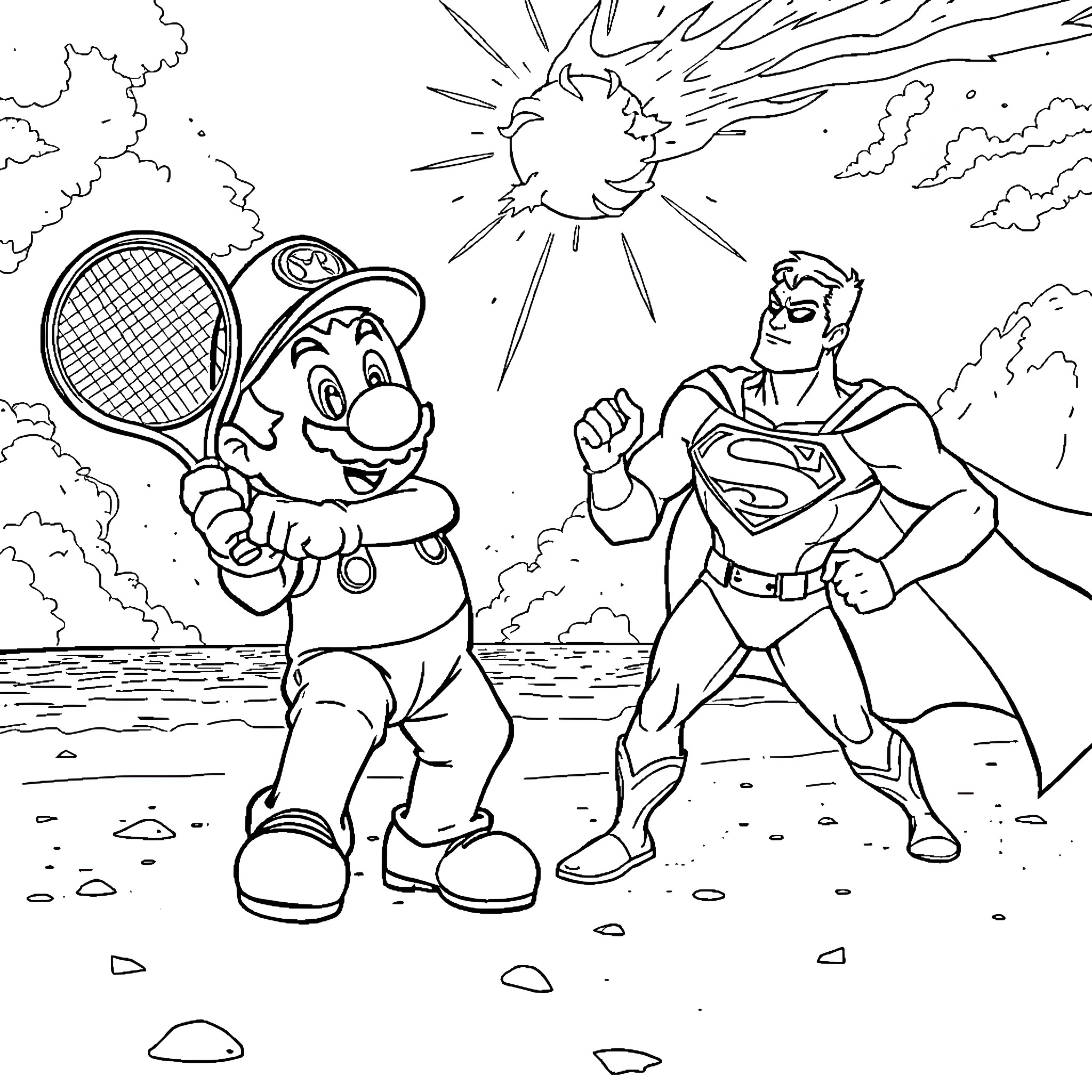 Mario's Tennis Battle Against a Superhero Coloring Page (free black-and-white line drawing printable PDF for all, from beginners to advanced learners, including children, teens, adults, and seniors)