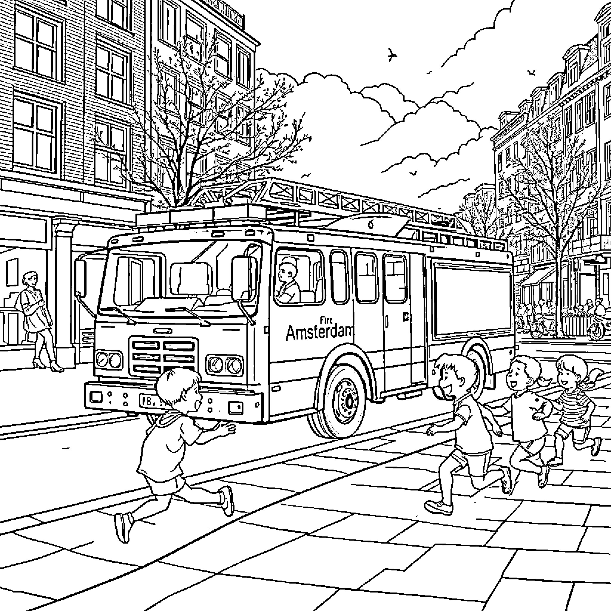 Fire Truck rushing through a busy urban street Coloring Page (free black-and-white line drawing printable PDF for all, from beginners to advanced learners, including children, teens, adults, and seniors)