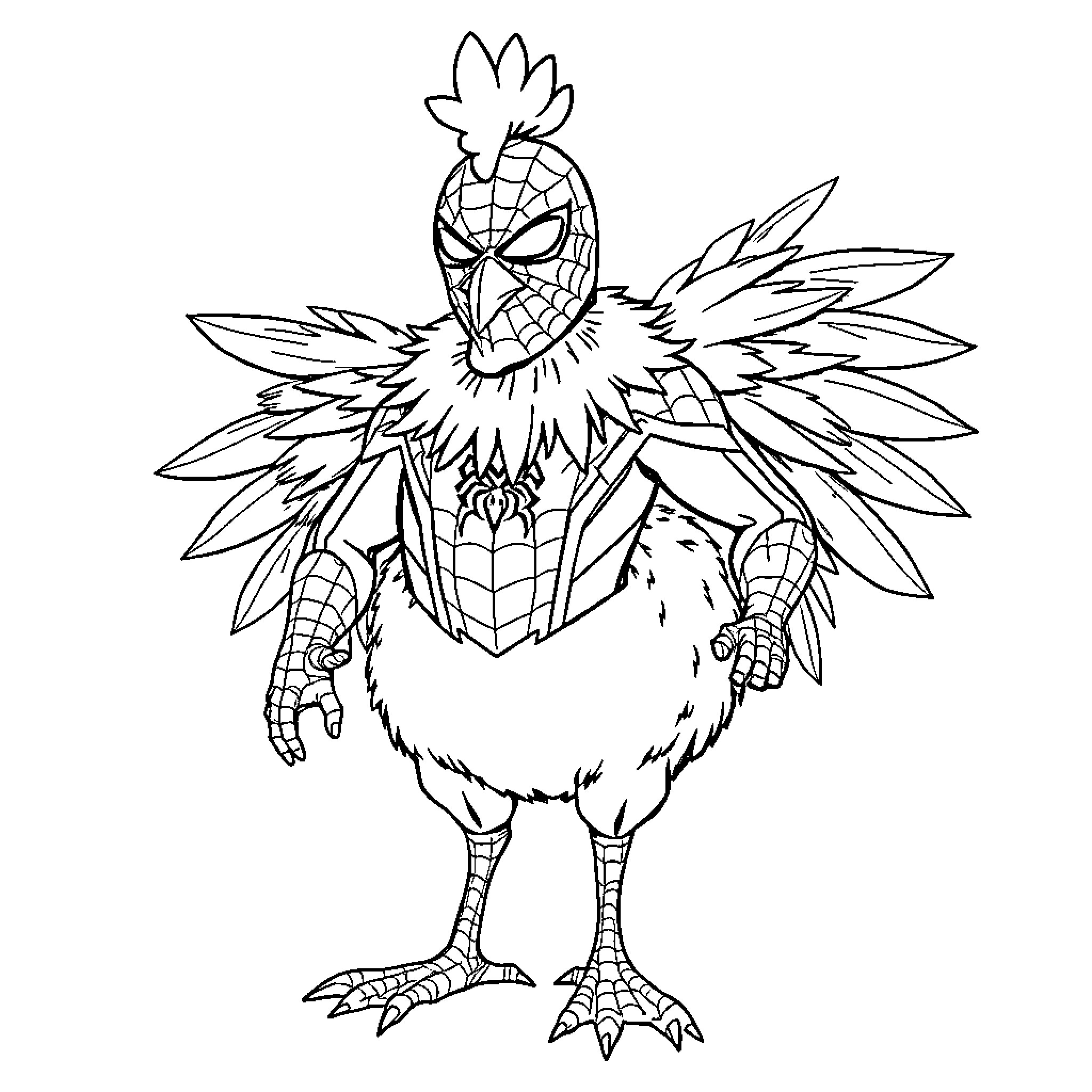 Chicken in Superhero Costume Posing Heroically Coloring Page (free black-and-white line drawing printable PDF for all, from beginners to advanced learners, including children, teens, adults, and seniors)