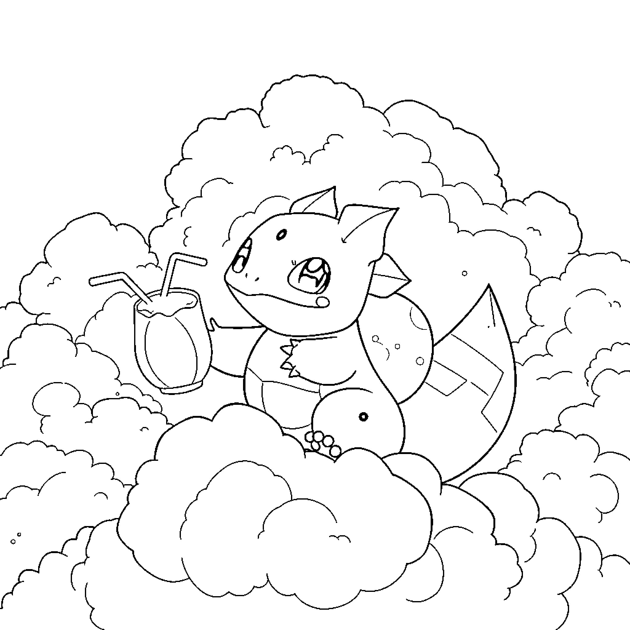Bulbasaur enjoying a tropical refreshment on a cloud Coloring Page (free black-and-white line drawing printable PDF for all, from beginners to advanced learners, including children, teens, adults, and seniors)