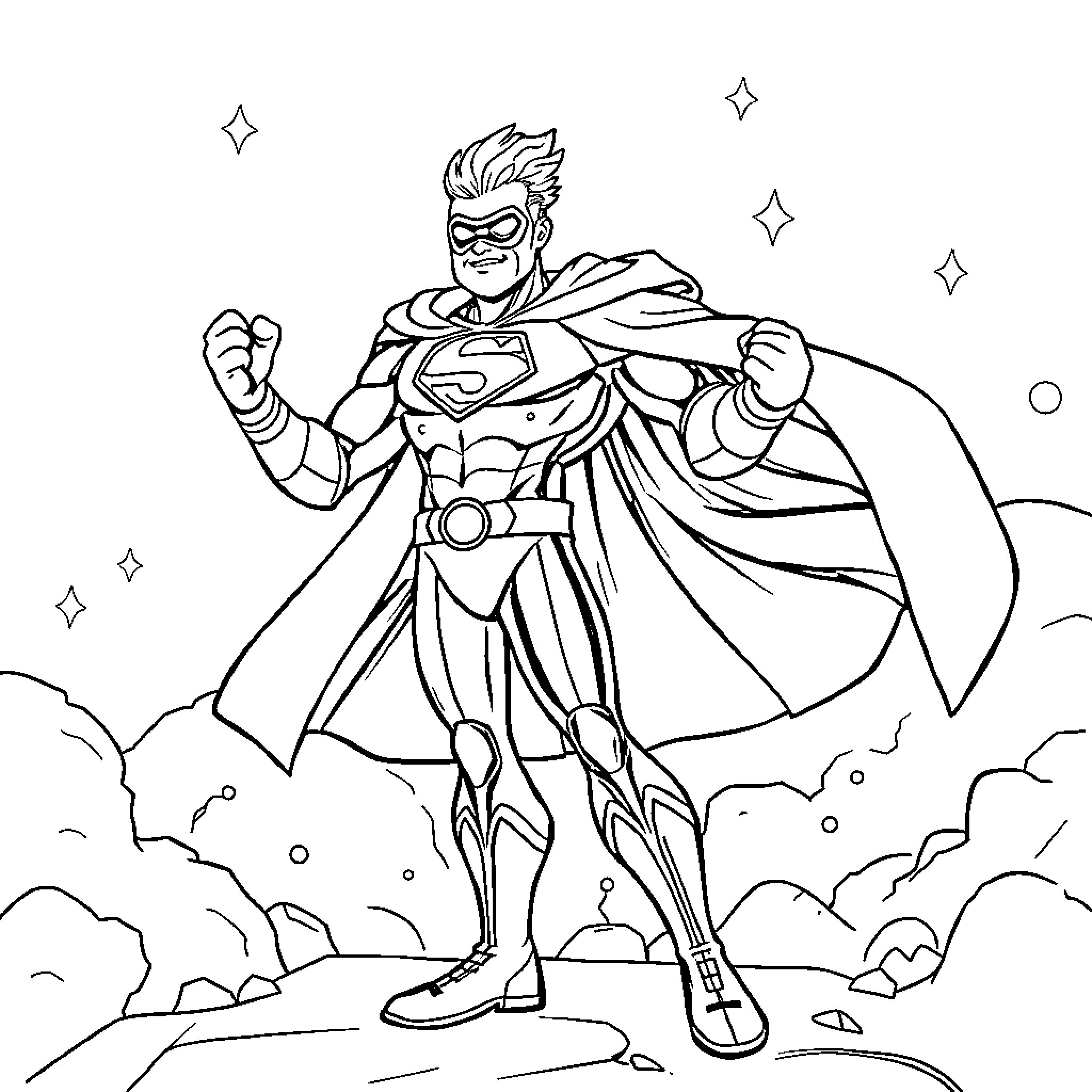 Herobrain in heroic pose with cape and stars Coloring Page (free black-and-white line drawing printable PDF for all, from beginners to advanced learners, including children, teens, adults, and seniors)