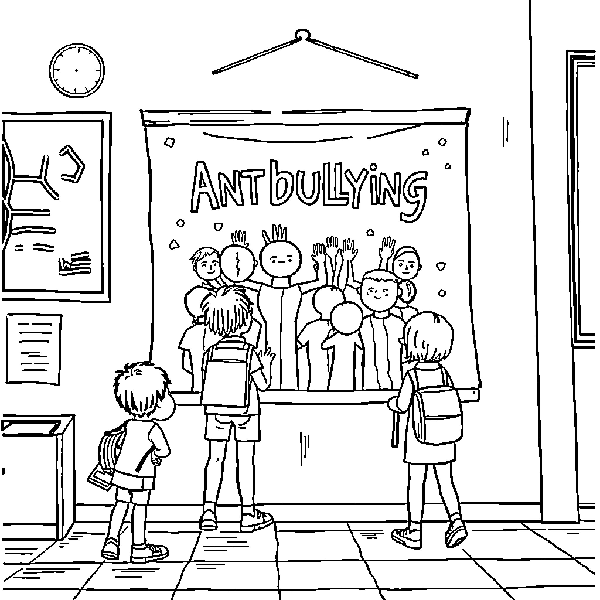 Antibullying: Students gather and discuss at a school display Coloring Page (free black-and-white line drawing printable PDF for all, from beginners to advanced learners, including children, teens, adults, and seniors)