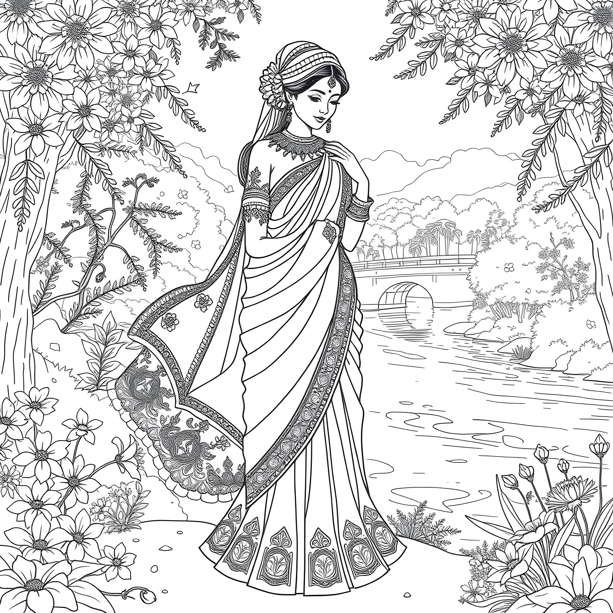 Clothing in an Ornate Landscape Coloring Page (free black-and-white line drawing printable PDF for all, from beginners to advanced learners, including children, teens, adults, and seniors)