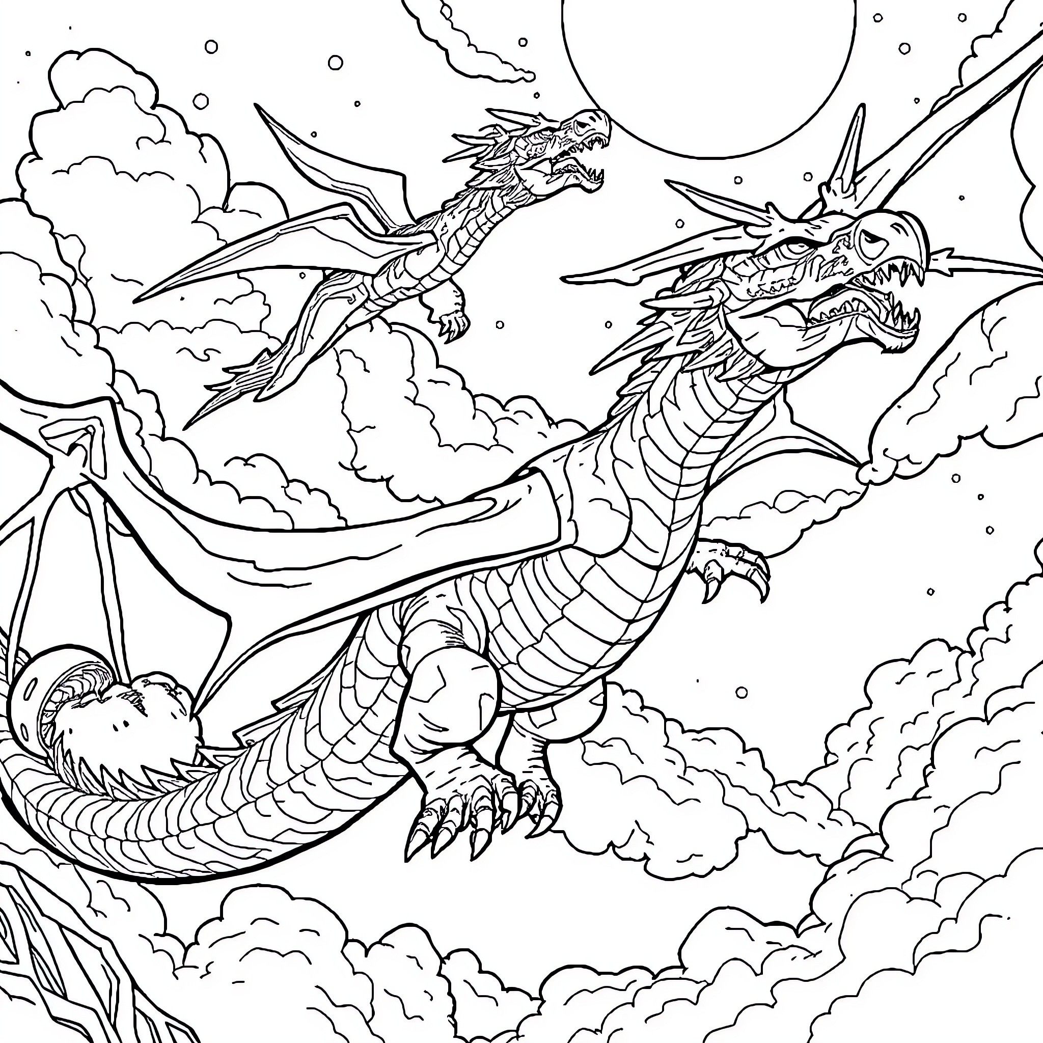 Dragon Soaring in Majestic Clouds Coloring Page (free black-and-white line drawing printable PDF for all, from beginners to advanced learners, including children, teens, adults, and seniors)