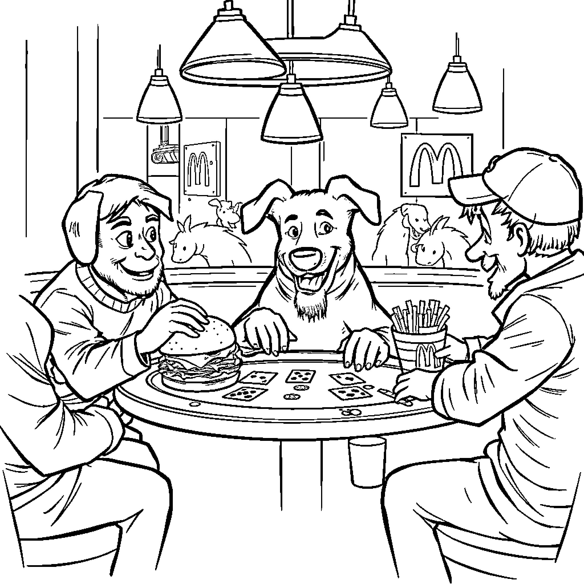 Dog enjoying a meal with friends at the restaurant Coloring Page (free black-and-white line drawing printable PDF for all, from beginners to advanced learners, including children, teens, adults, and seniors)