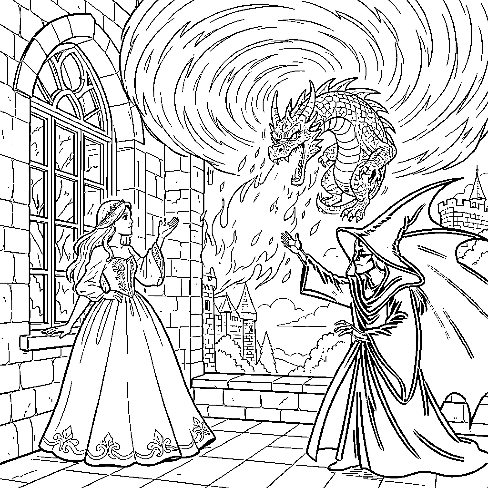 Princess Faces Dragon with Sorcerer in Castle Coloring Page (free black-and-white line drawing printable PDF for all, from beginners to advanced learners, including children, teens, adults, and seniors)
