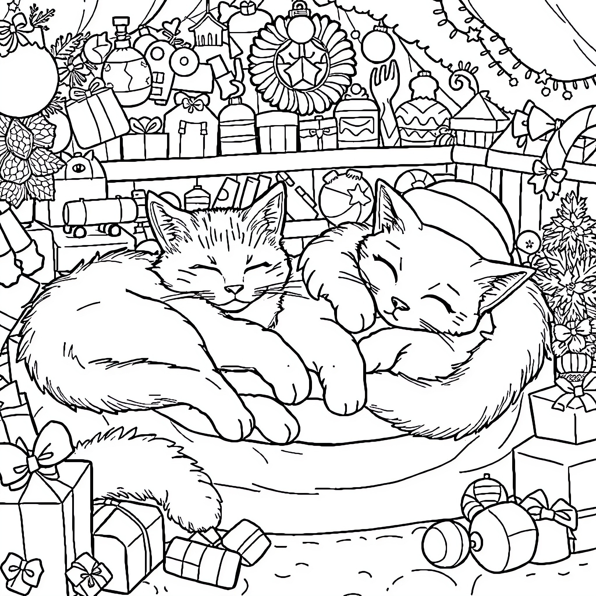 Cat sleeping peacefully among Christmas decorations Coloring Page (free black-and-white line drawing printable PDF for all, from beginners to advanced learners, including children, teens, adults, and seniors)