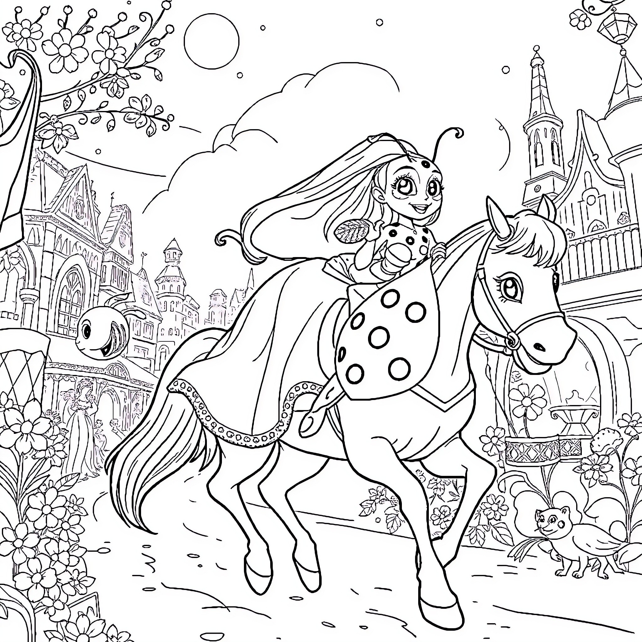 Ariel's Magical Adventure on a Spotted Horse Coloring Page (free black-and-white line drawing printable PDF for all, from beginners to advanced learners, including children, teens, adults, and seniors)