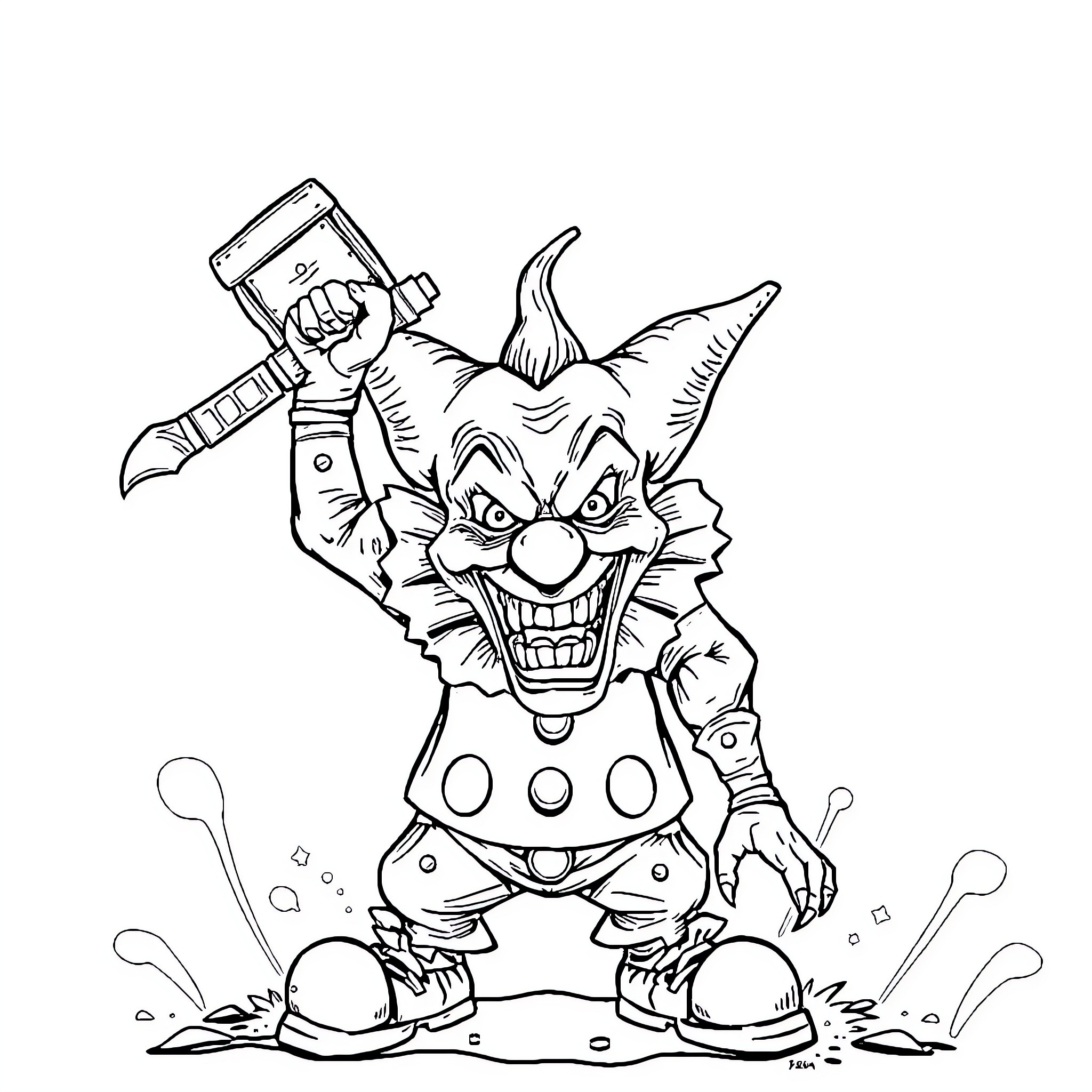 Clown Holding Wrench, Preparing for Mischief Coloring Page (free black-and-white line drawing printable PDF for all, from beginners to advanced learners, including children, teens, adults, and seniors)