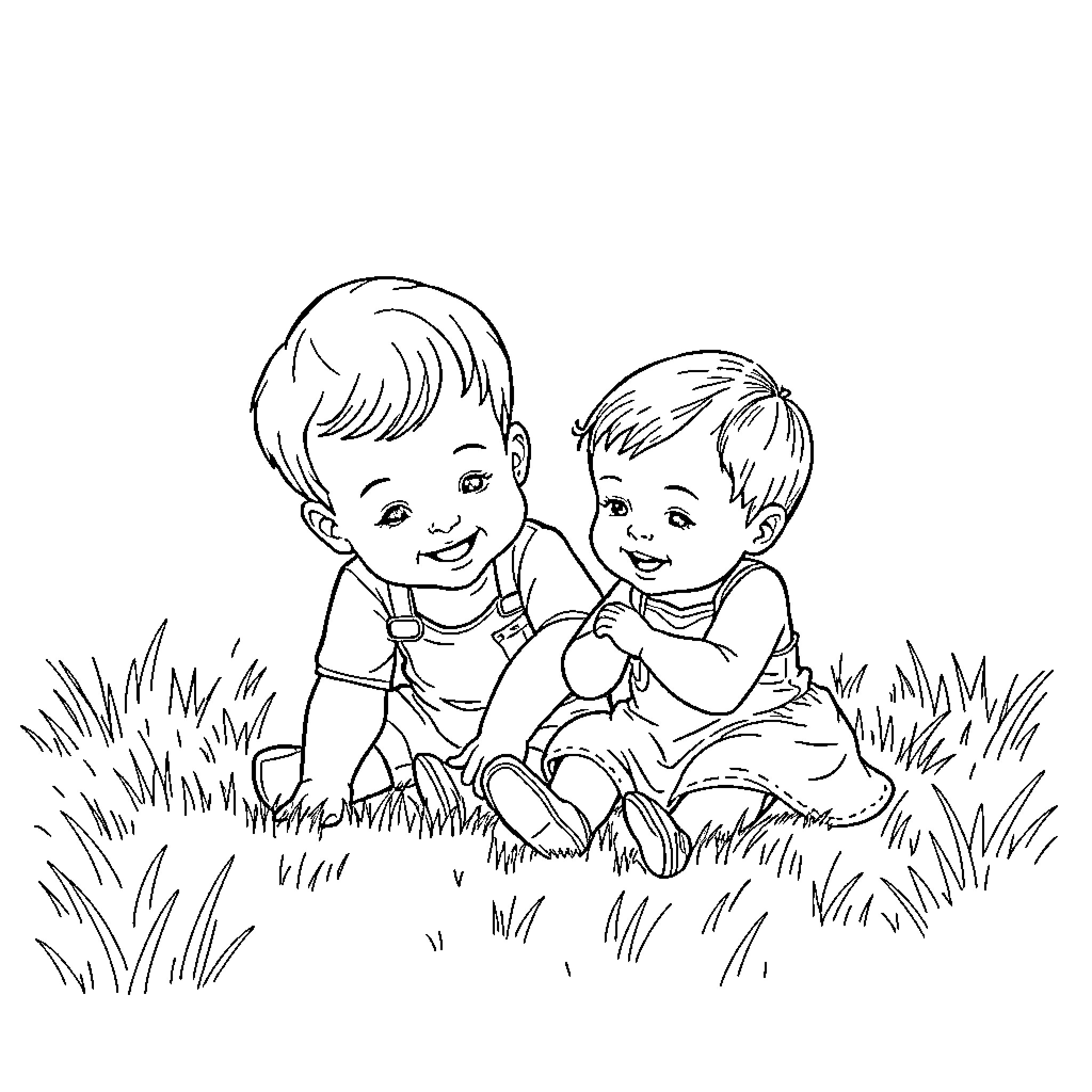 Toddlers playing happily in the grass Coloring Page (free black-and-white line drawing printable PDF for all, from beginners to advanced learners, including children, teens, adults, and seniors)