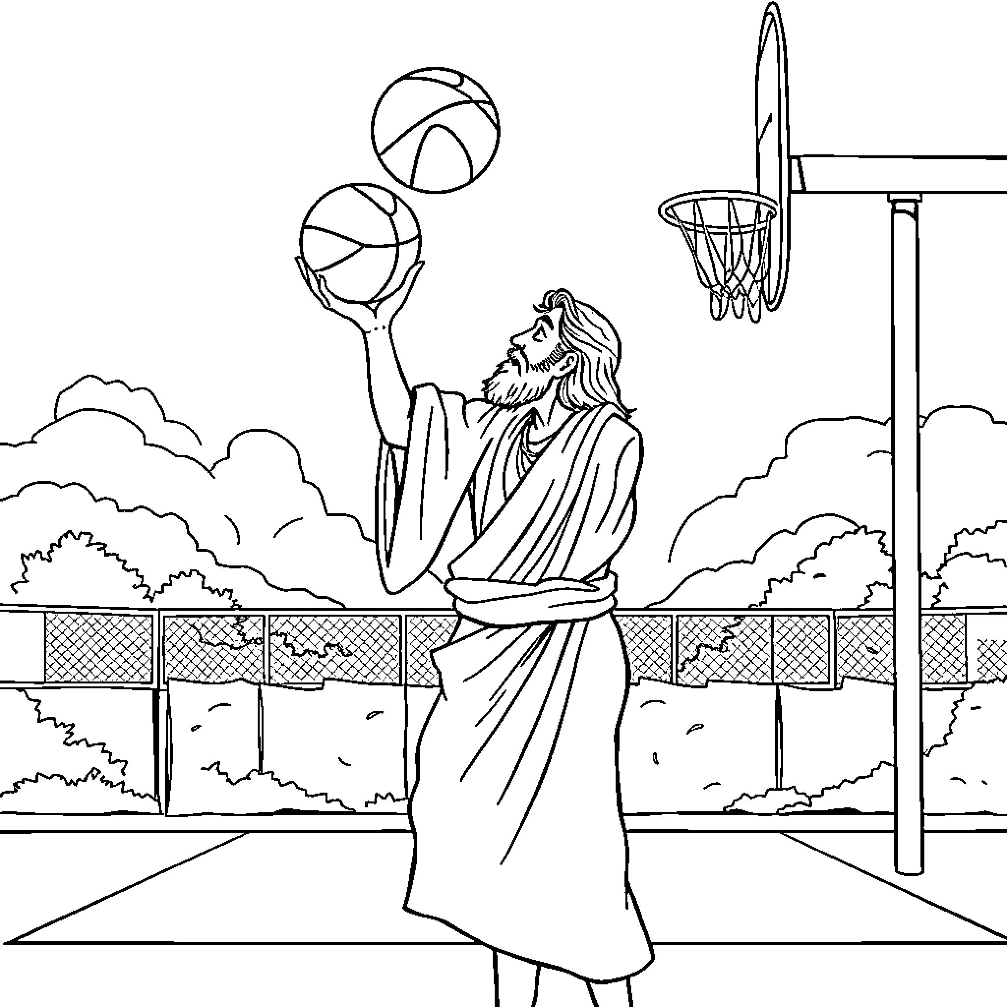 Jesus playing basketball on the court Coloring Page (free black-and-white line drawing printable PDF for all, from beginners to advanced learners, including children, teens, adults, and seniors)