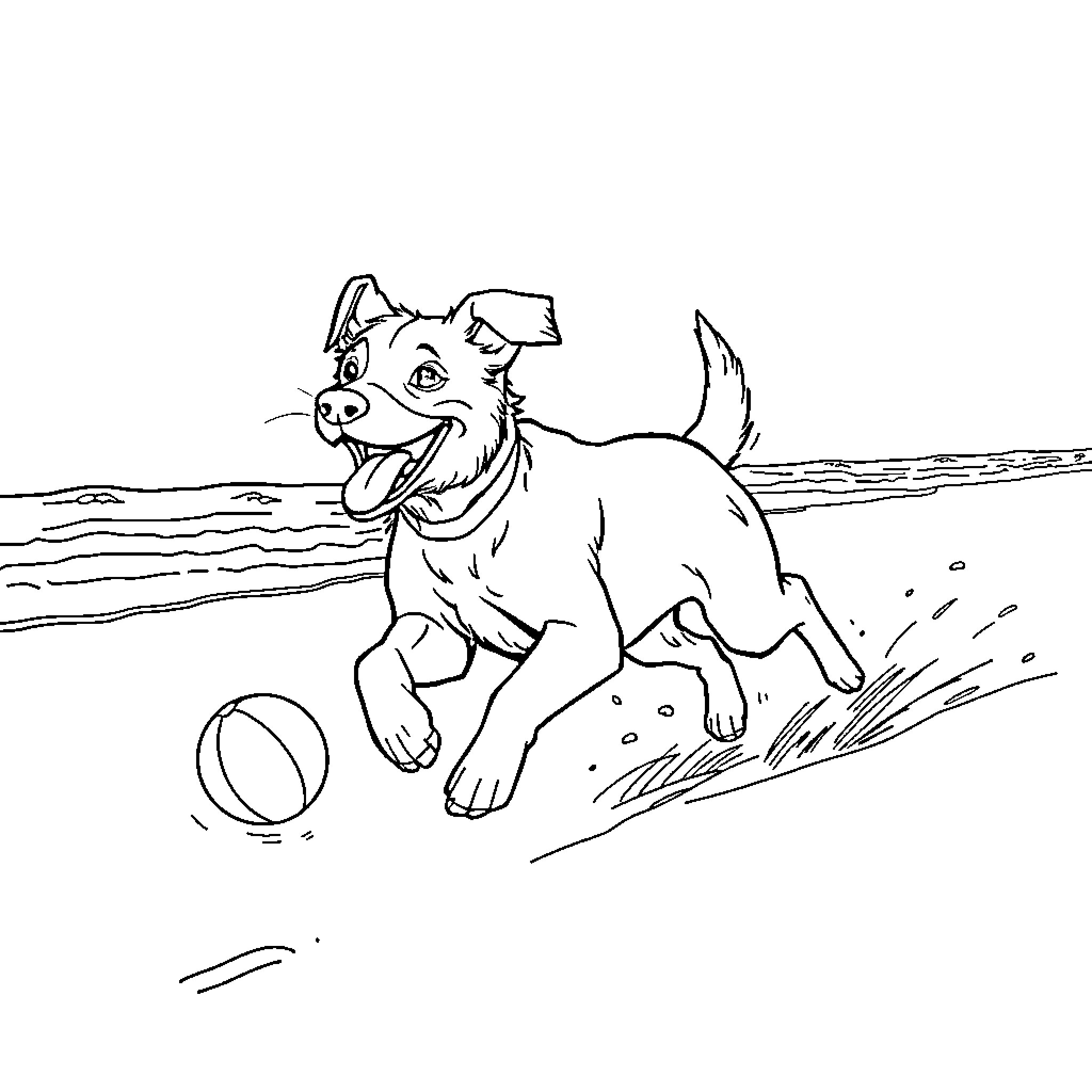 Dog playing joyfully with ball on the beach Coloring Page (free black-and-white line drawing printable PDF for all, from beginners to advanced learners, including children, teens, adults, and seniors)