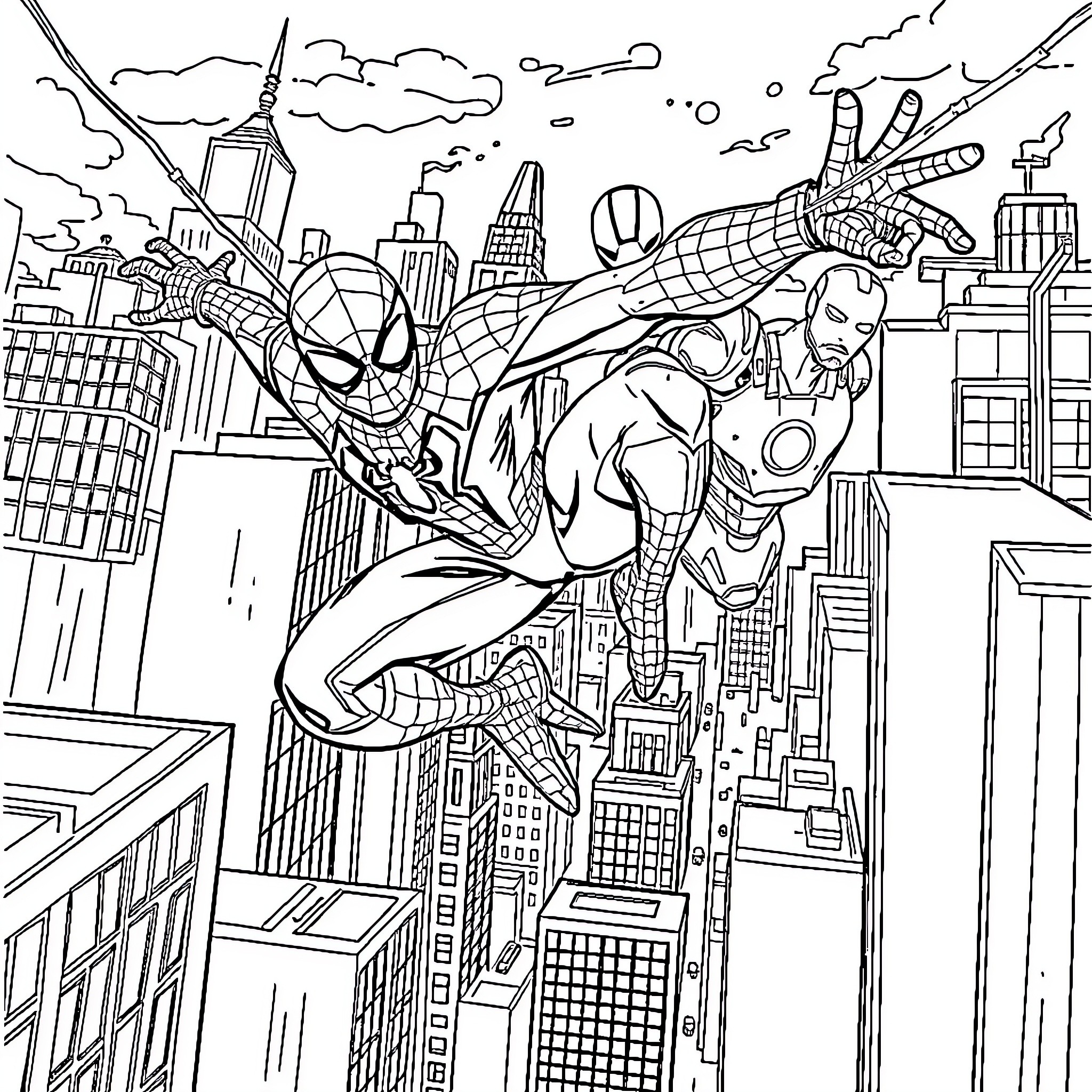 Spiderman swinging through a vibrant city skyline Coloring Page (free black-and-white line drawing printable PDF for all, from beginners to advanced learners, including children, teens, adults, and seniors)
