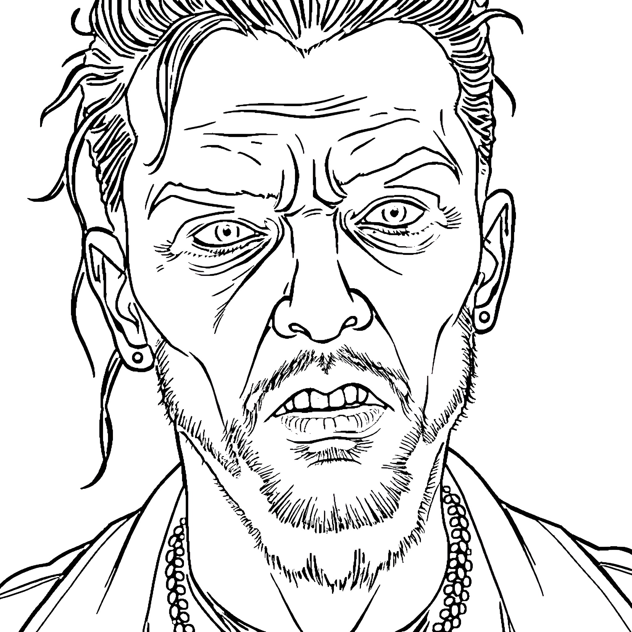 Zombie Man with Intense Expression and Accessories Coloring Page (free black-and-white line drawing printable PDF for all, from beginners to advanced learners, including children, teens, adults, and seniors)