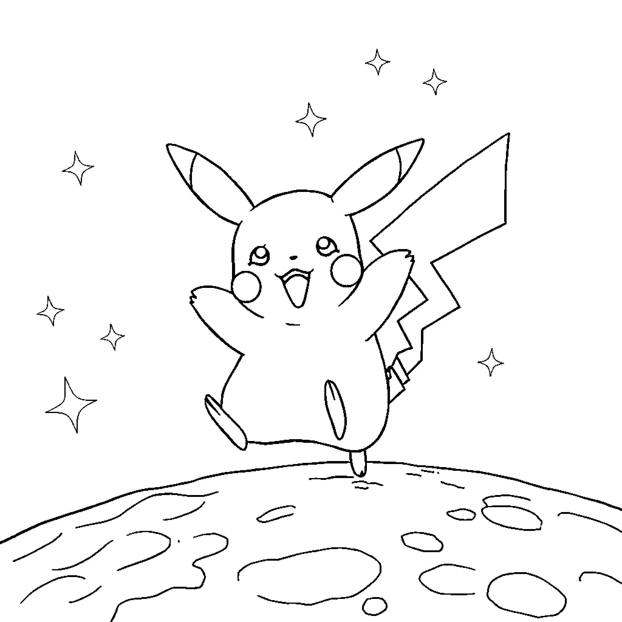 Pikachu Sparkling with Joy in a Whimsical Scene Coloring Page (free black-and-white line drawing printable PDF for all, from beginners to advanced learners, including children, teens, adults, and seniors)