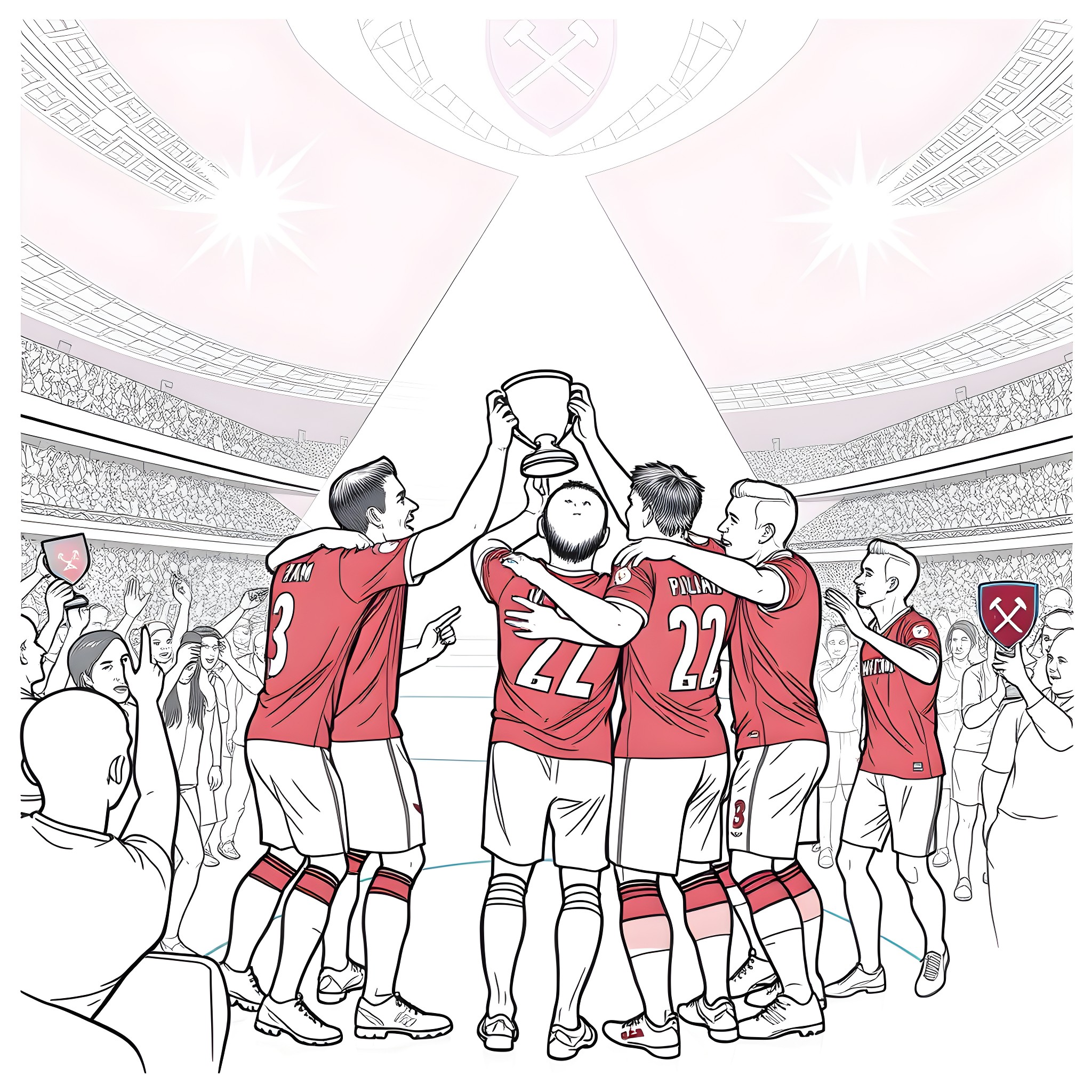 West Ham players celebrating championship victory Coloring Page (free black-and-white line drawing printable PDF for all, from beginners to advanced learners, including children, teens, adults, and seniors)