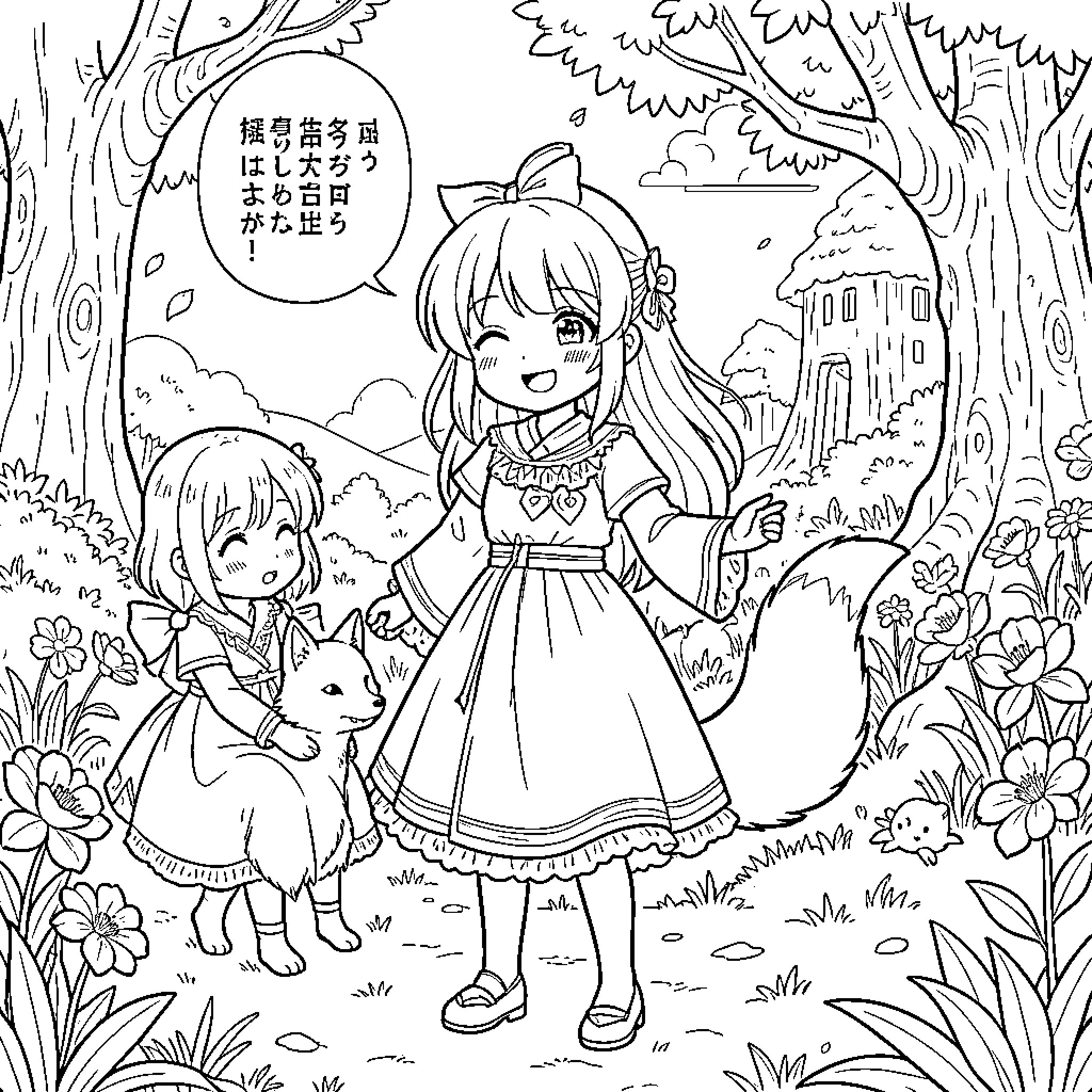 Kamisama Kiss: Girls and Creature Exploring Whimsical Garden Coloring Page (free black-and-white line drawing printable PDF for all, from beginners to advanced learners, including children, teens, adults, and seniors)