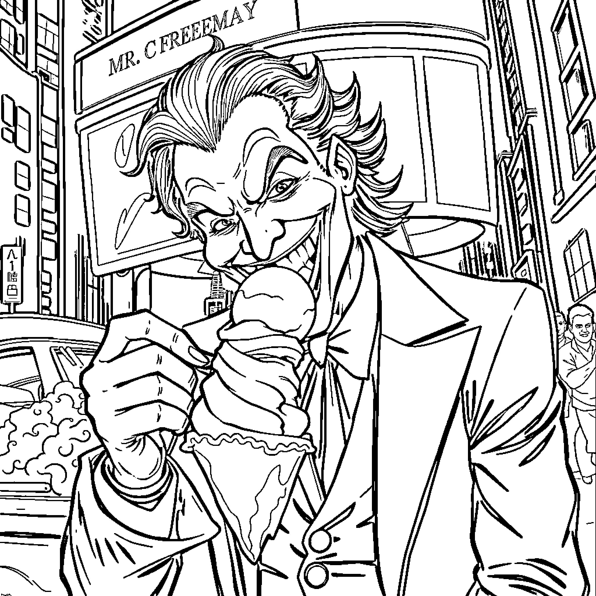 Joker's Sinister Grin and Mischievous Antics Coloring Page (free black-and-white line drawing printable PDF for all, from beginners to advanced learners, including children, teens, adults, and seniors)