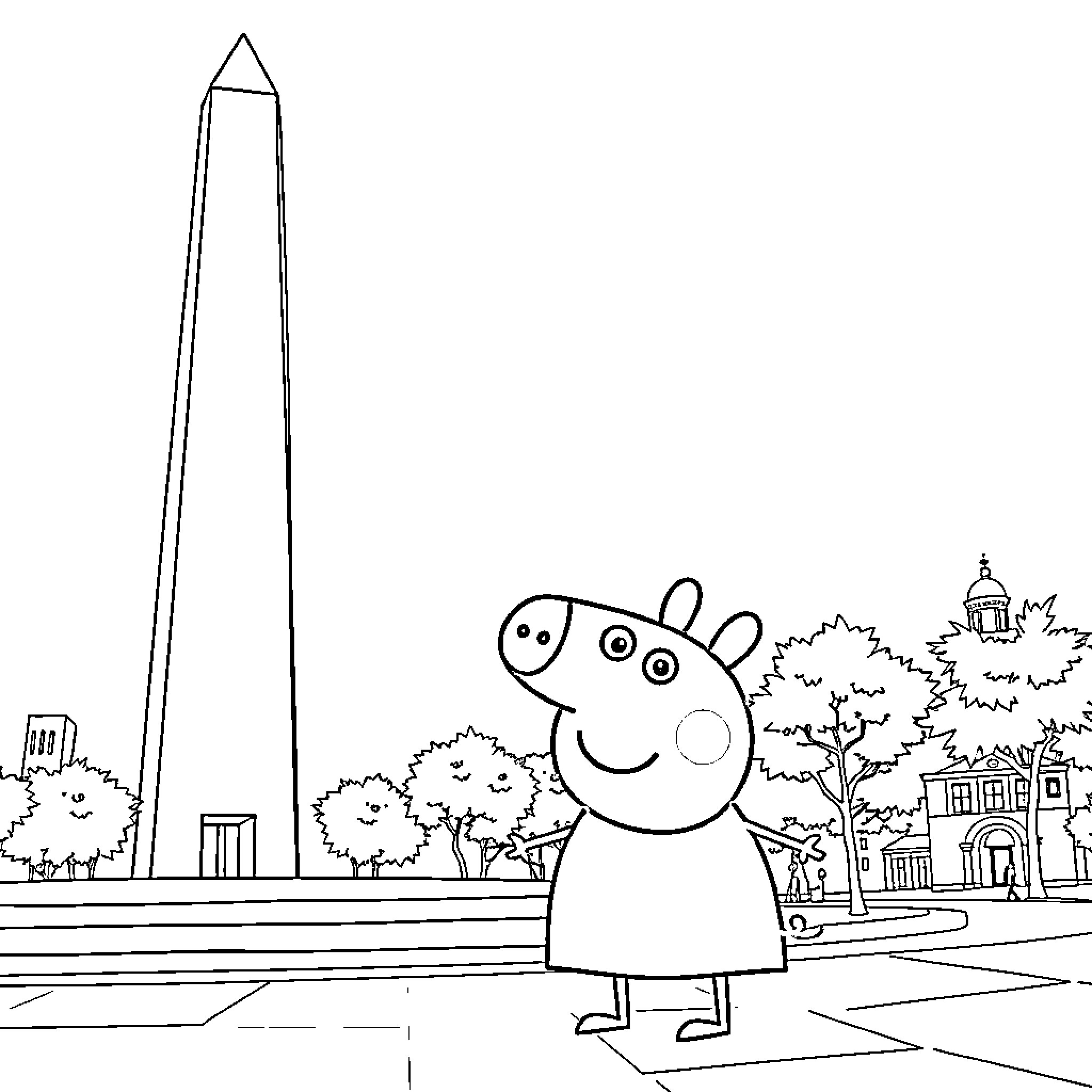 Peppa Pig exploring a city landmark Coloring Page (free black-and-white line drawing printable PDF for all, from beginners to advanced learners, including children, teens, adults, and seniors)