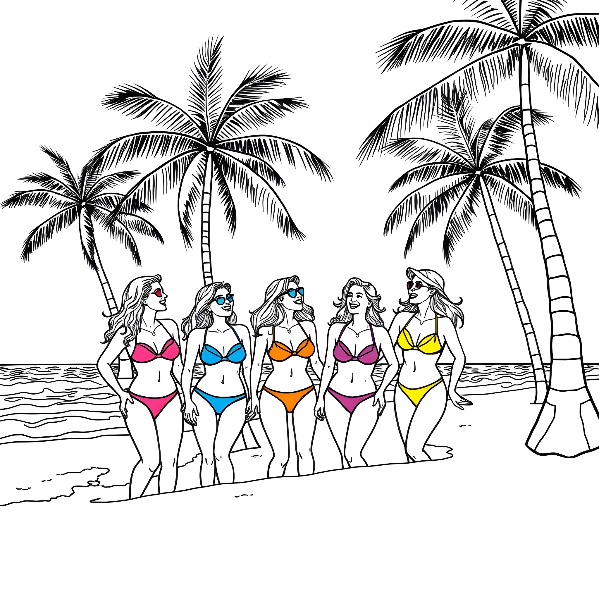 Women enjoying beach day under palm trees Coloring Page (free black-and-white line drawing printable PDF for all, from beginners to advanced learners, including children, teens, adults, and seniors)
