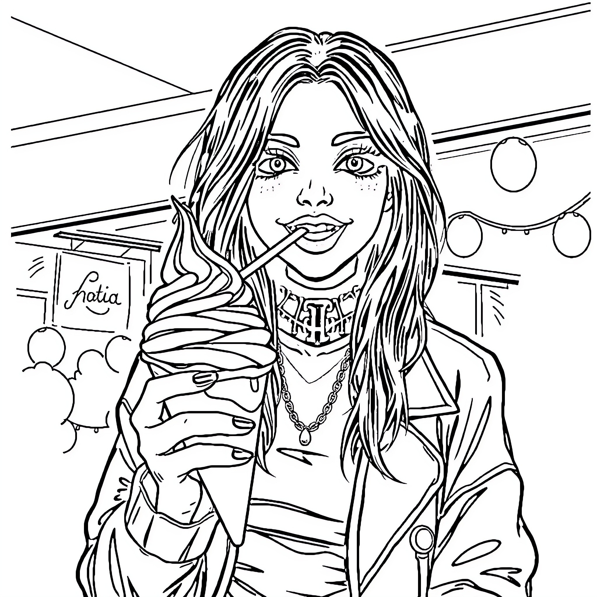Goth Girl in Edgy Punk Fashion Posing Confidently Coloring Page (free black-and-white line drawing printable PDF for all, from beginners to advanced learners, including children, teens, adults, and seniors)