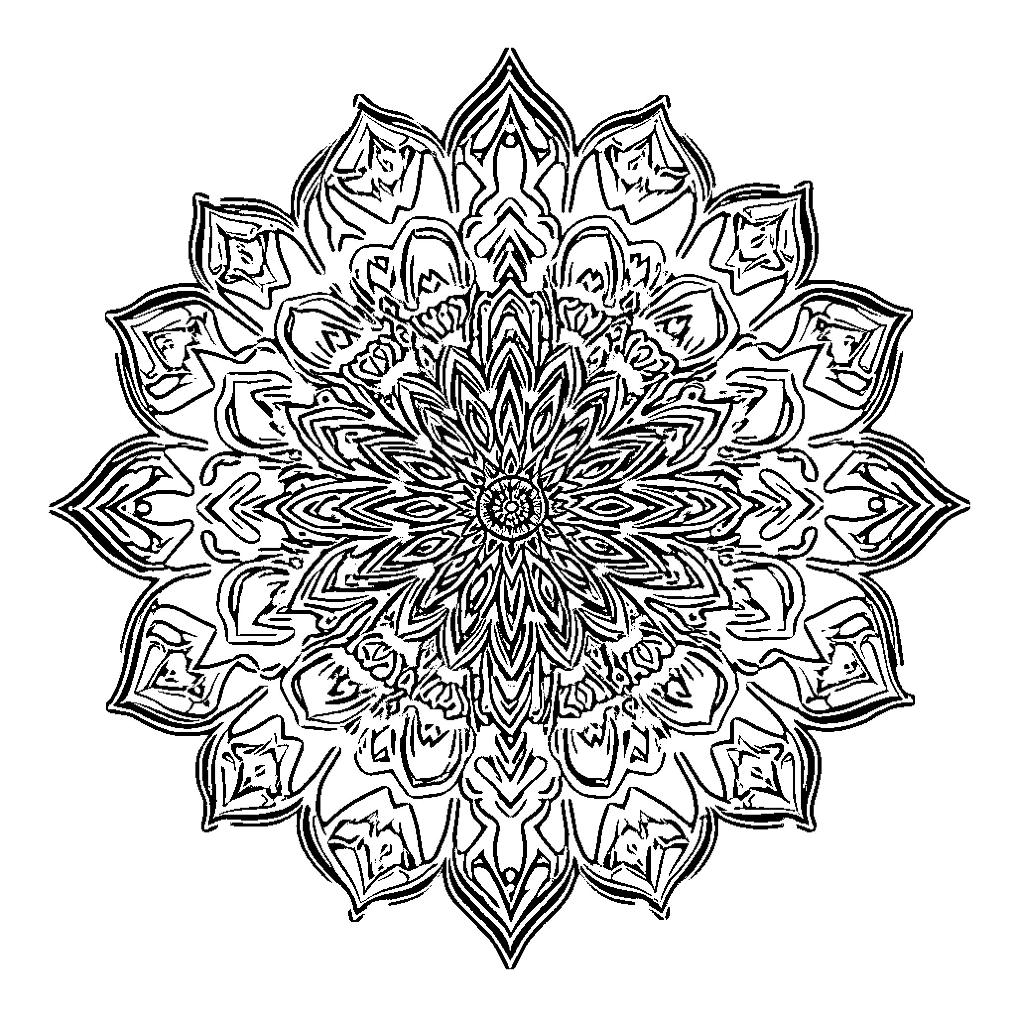 Mandalas of intricate floral patterns Coloring Page (free black-and-white line drawing printable PDF for all, from beginners to advanced learners, including children, teens, adults, and seniors)