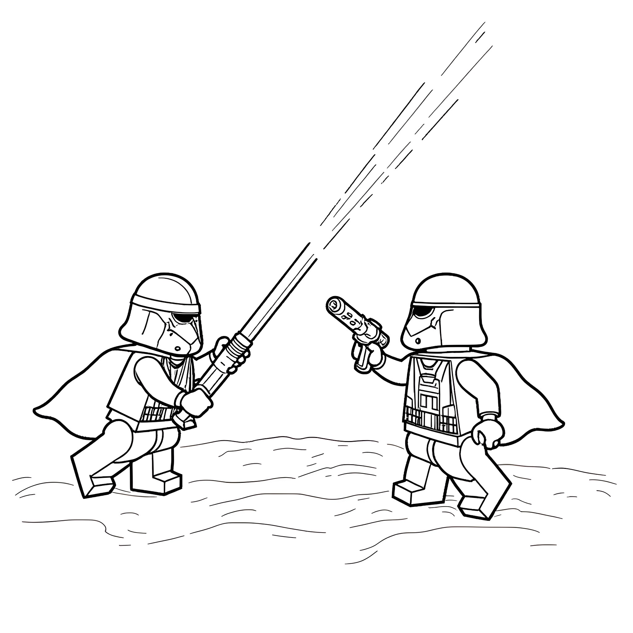 Lego figures dueling with lightsabers Coloring Page (free black-and-white line drawing printable PDF for all, from beginners to advanced learners, including children, teens, adults, and seniors)