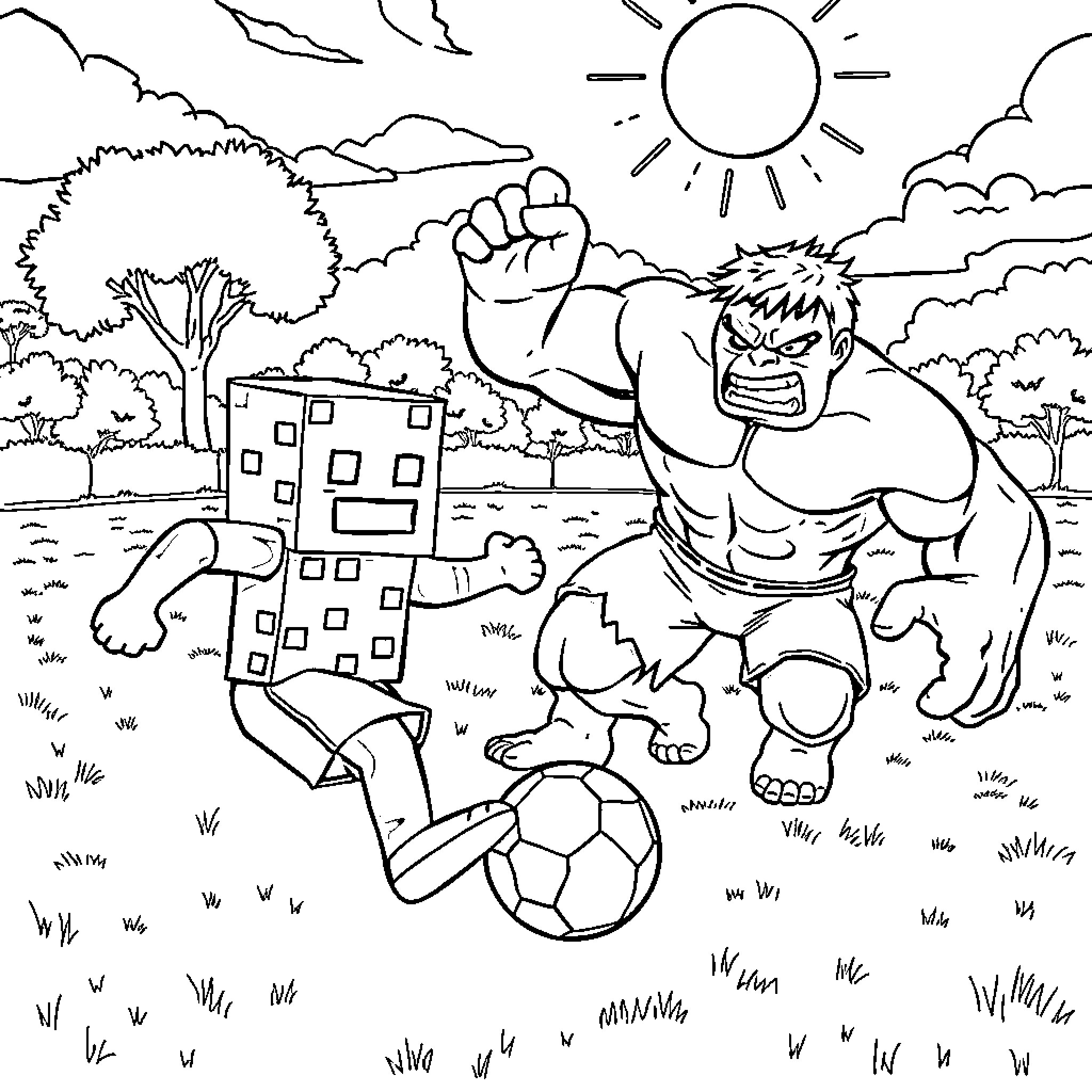 Creeper stomping on soccer ball in countryside Coloring Page (free black-and-white line drawing printable PDF for all, from beginners to advanced learners, including children, teens, adults, and seniors)