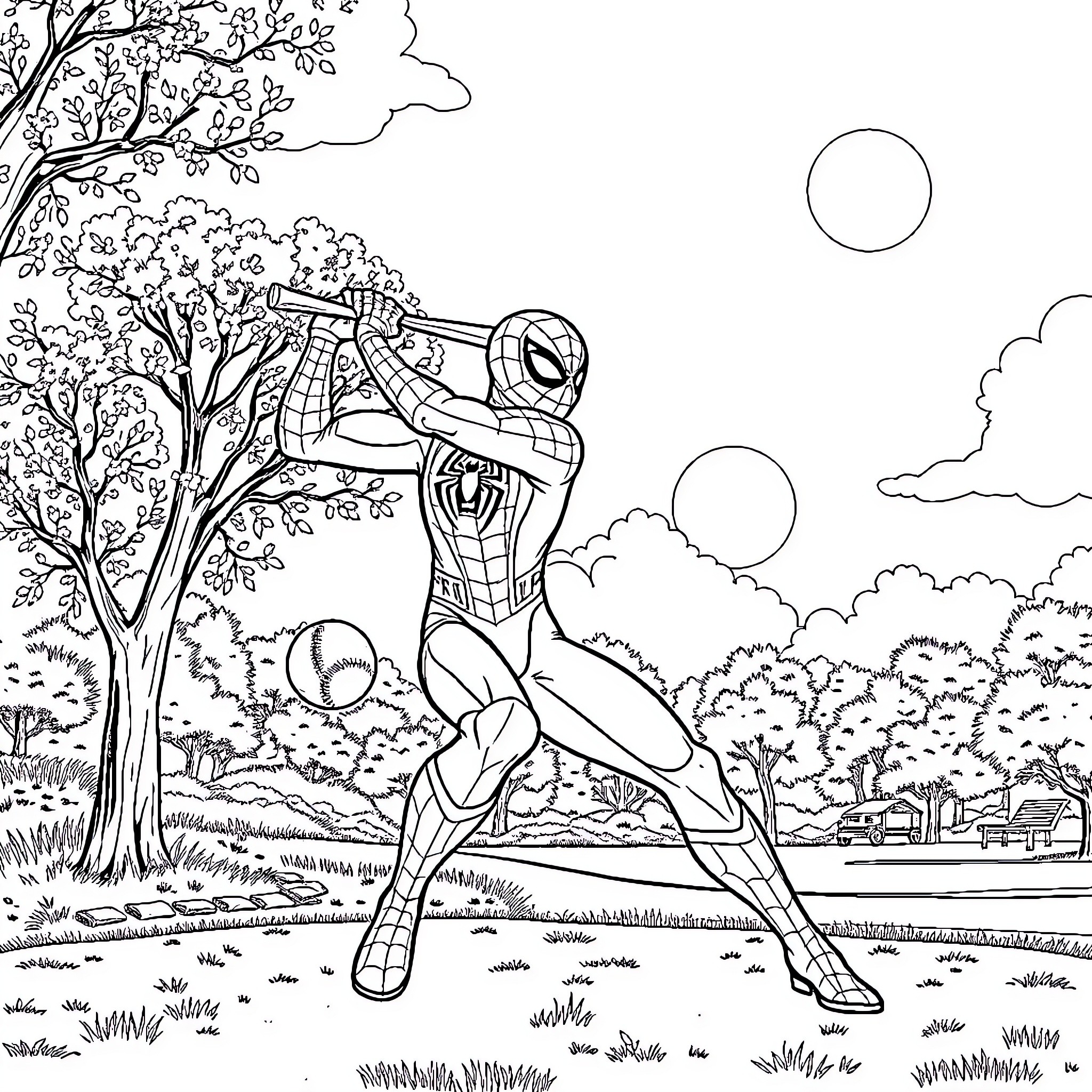 Spiderman swinging through the forest landscape Coloring Page (free black-and-white line drawing printable PDF for all, from beginners to advanced learners, including children, teens, adults, and seniors)