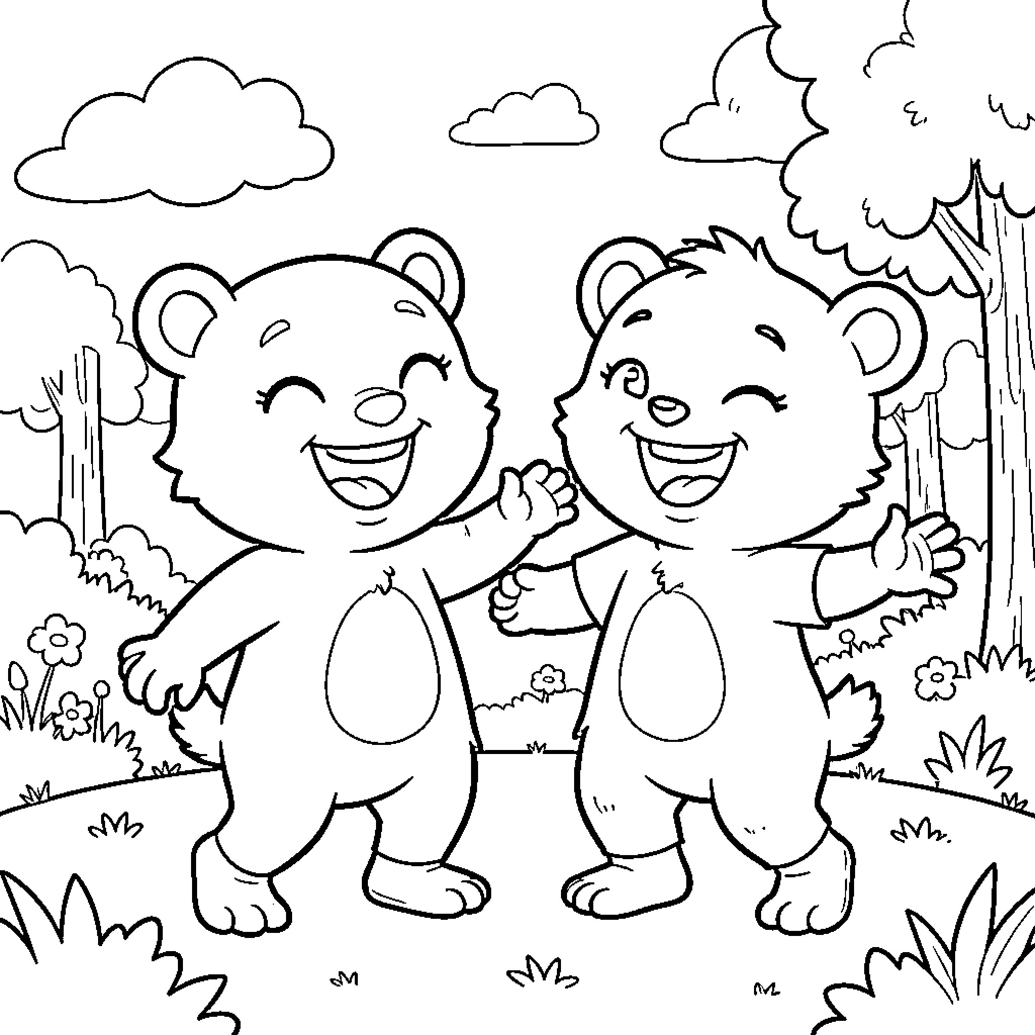 Bubu y Dudu playing happily together in the park Coloring Page (free black-and-white line drawing printable PDF for all, from beginners to advanced learners, including children, teens, adults, and seniors)