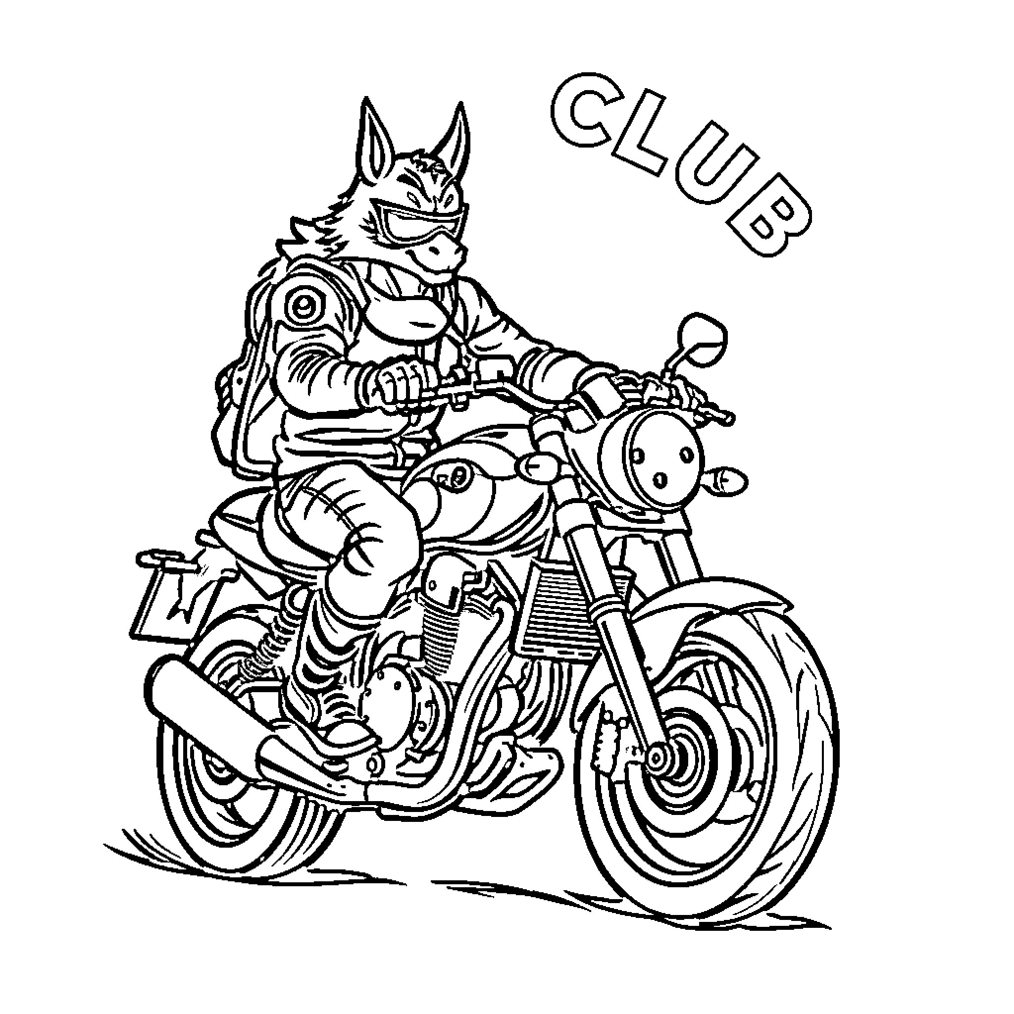 Fox riding a motorcycle with club emblem Coloring Page (free black-and-white line drawing printable PDF for all, from beginners to advanced learners, including children, teens, adults, and seniors)