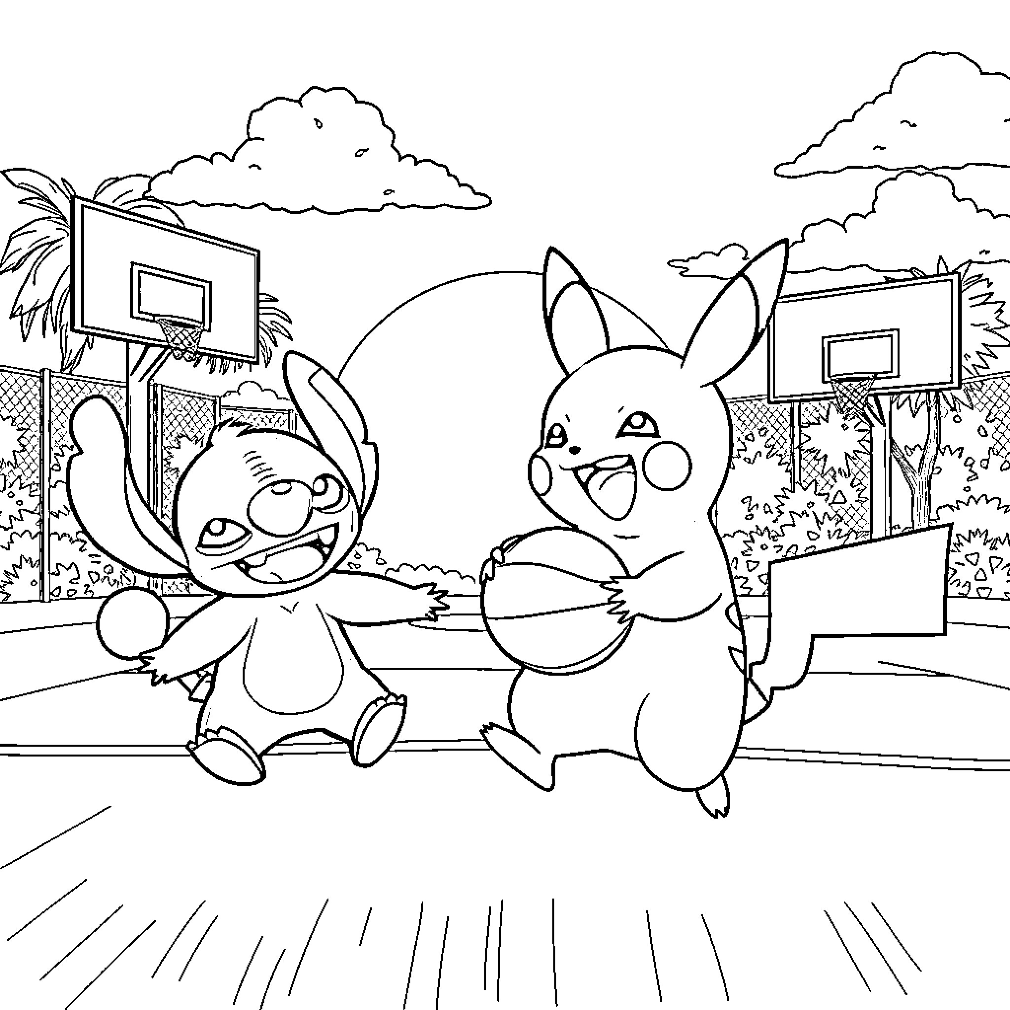 Pikachu and Stitch playing basketball on the court Coloring Page (free black-and-white line drawing printable PDF for all, from beginners to advanced learners, including children, teens, adults, and seniors)