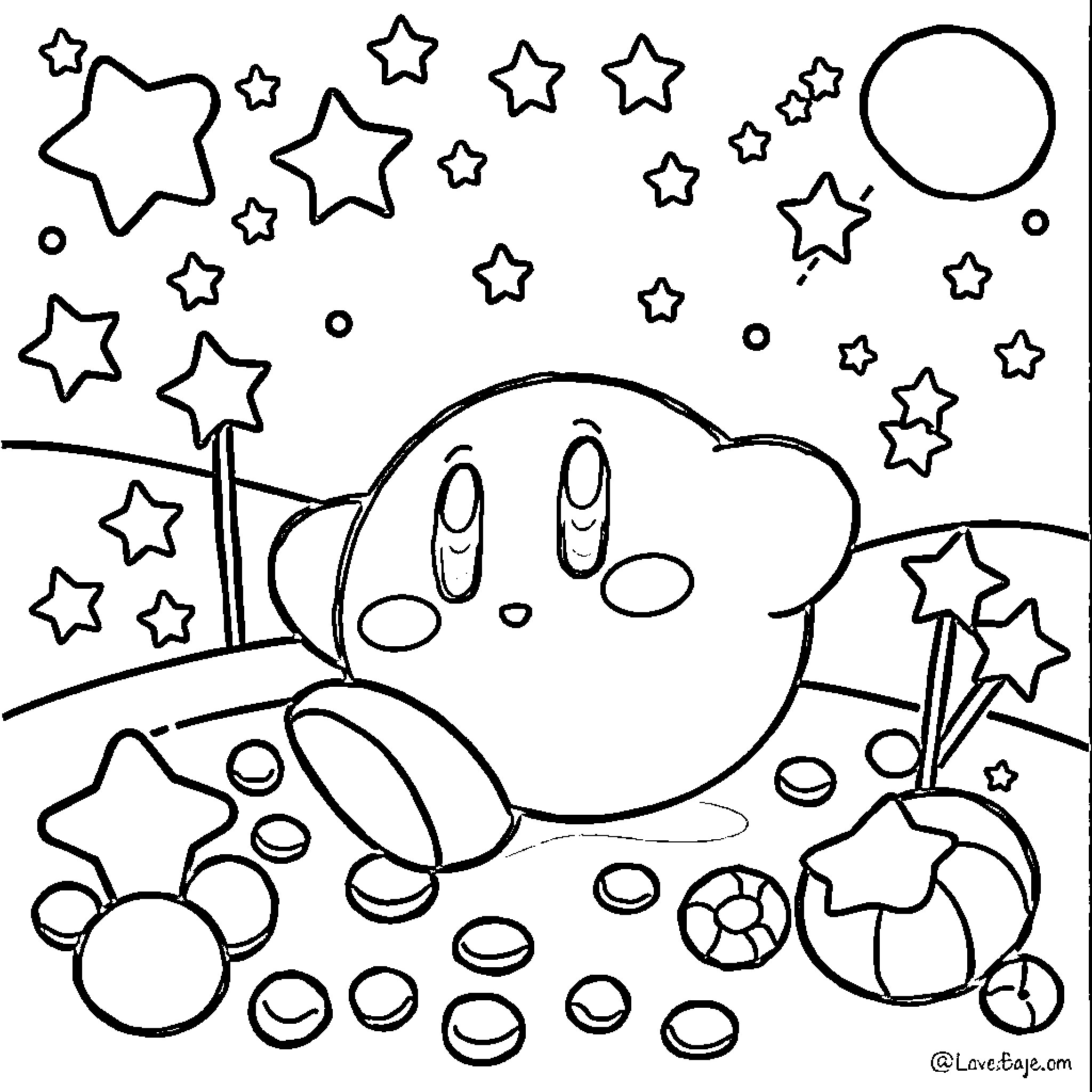 Kirby surrounded by stars in the night sky Coloring Page (free black-and-white line drawing printable PDF for all, from beginners to advanced learners, including children, teens, adults, and seniors)