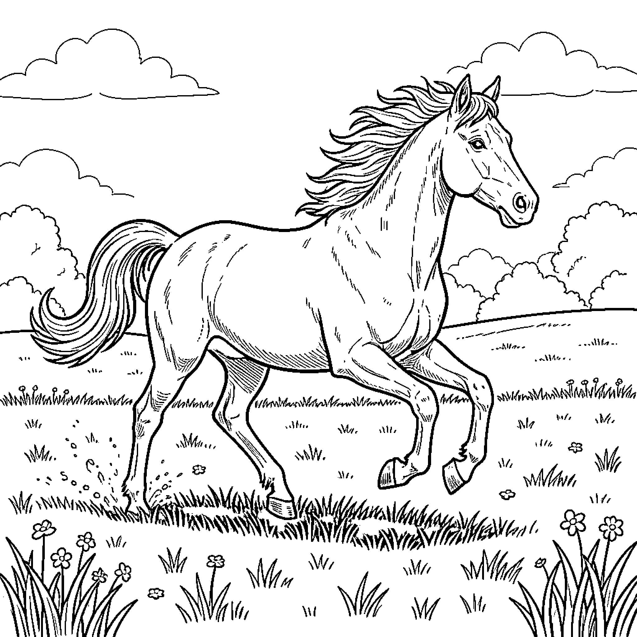 Horse galloping through the meadow Coloring Page (free black-and-white line drawing printable PDF for all, from beginners to advanced learners, including children, teens, adults, and seniors)