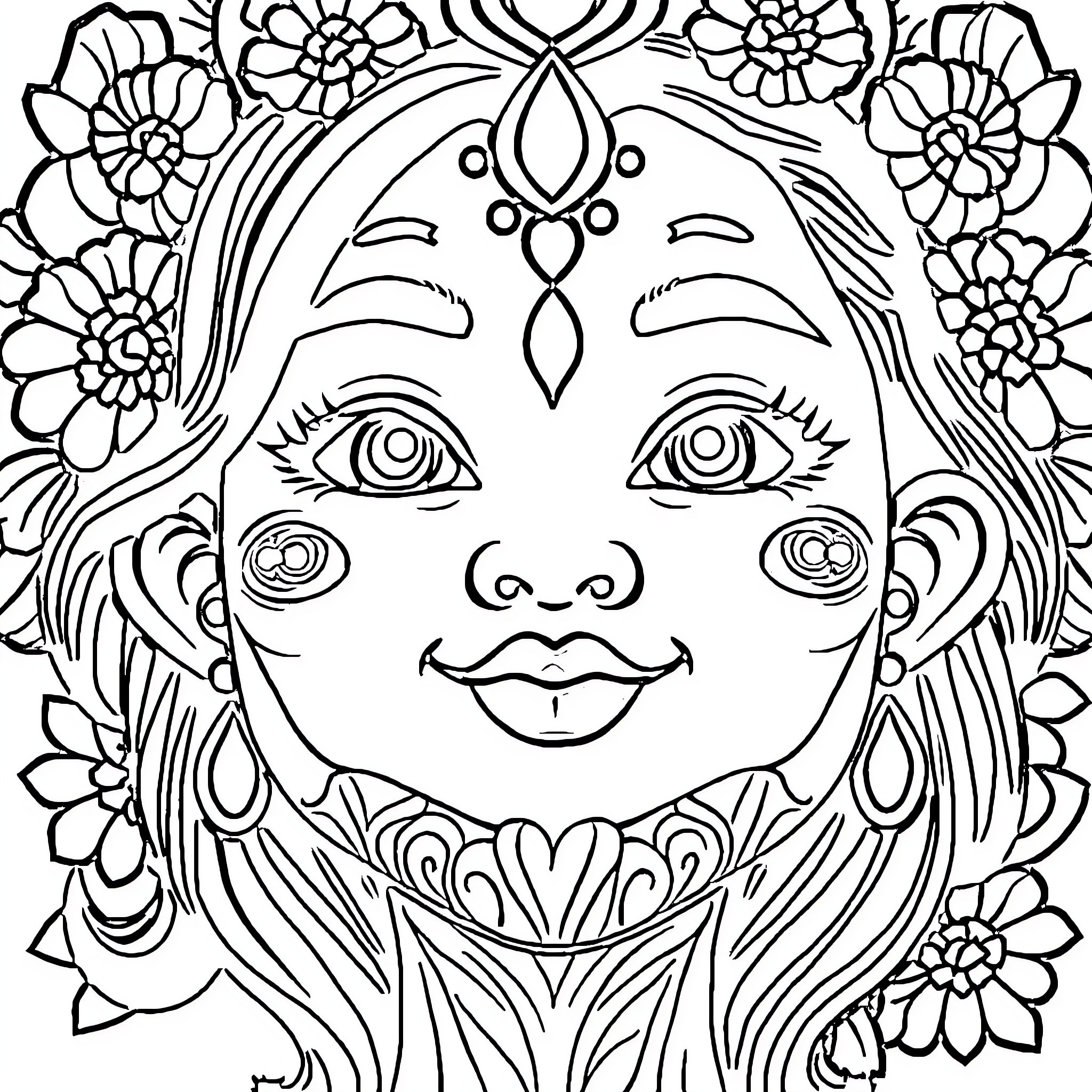 Illojuan's Whimsical Floral Encounter Coloring Page (free black-and-white line drawing printable PDF for all, from beginners to advanced learners, including children, teens, adults, and seniors)