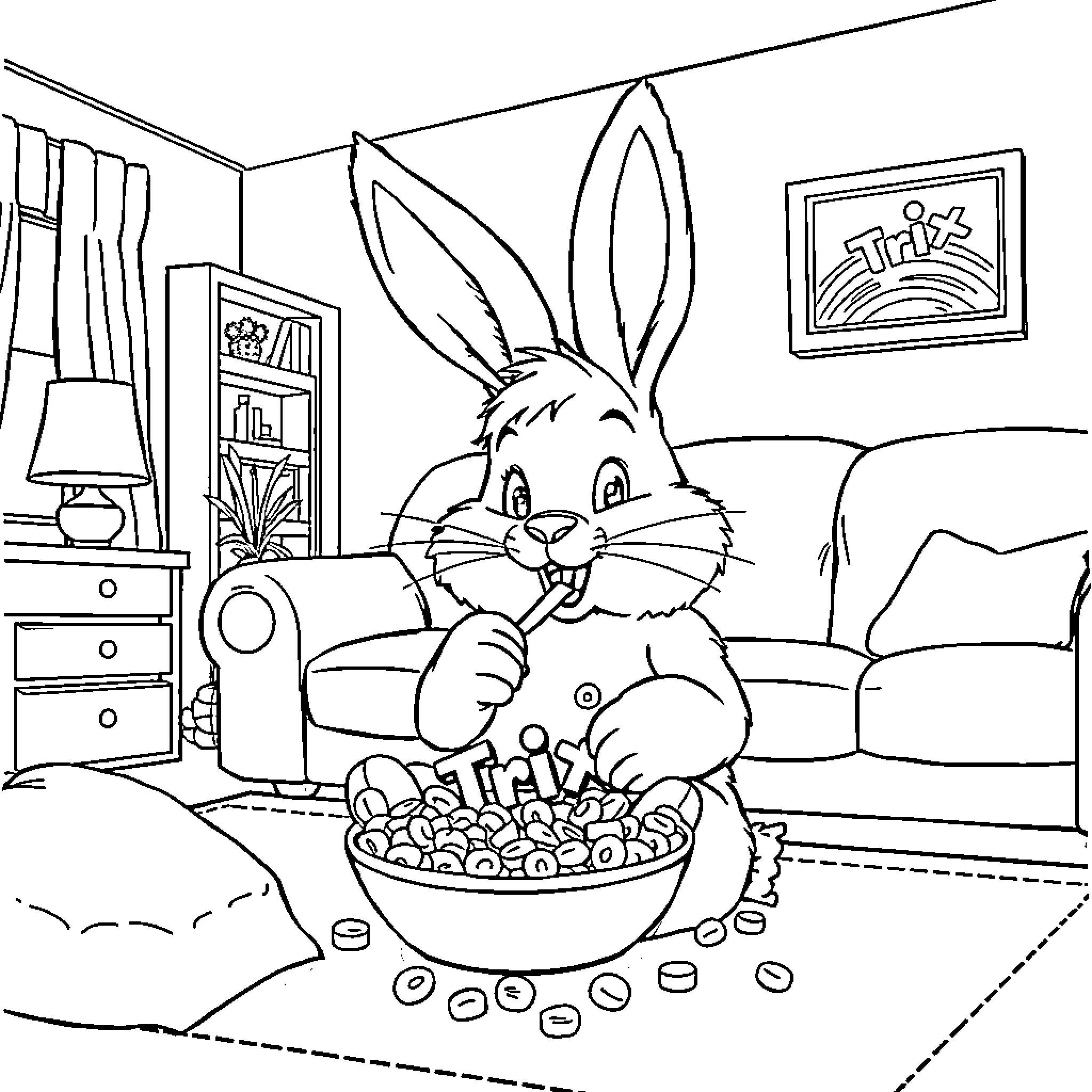 Bunny enjoying a snack in the living room Coloring Page (free black-and-white line drawing printable PDF for all, from beginners to advanced learners, including children, teens, adults, and seniors)