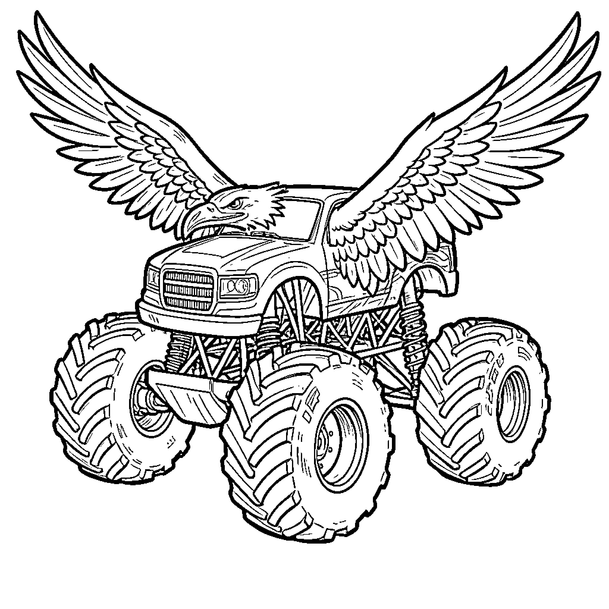 Monstertruck with eagle wings soaring through the air Coloring Page (free black-and-white line drawing printable PDF for all, from beginners to advanced learners, including children, teens, adults, and seniors)