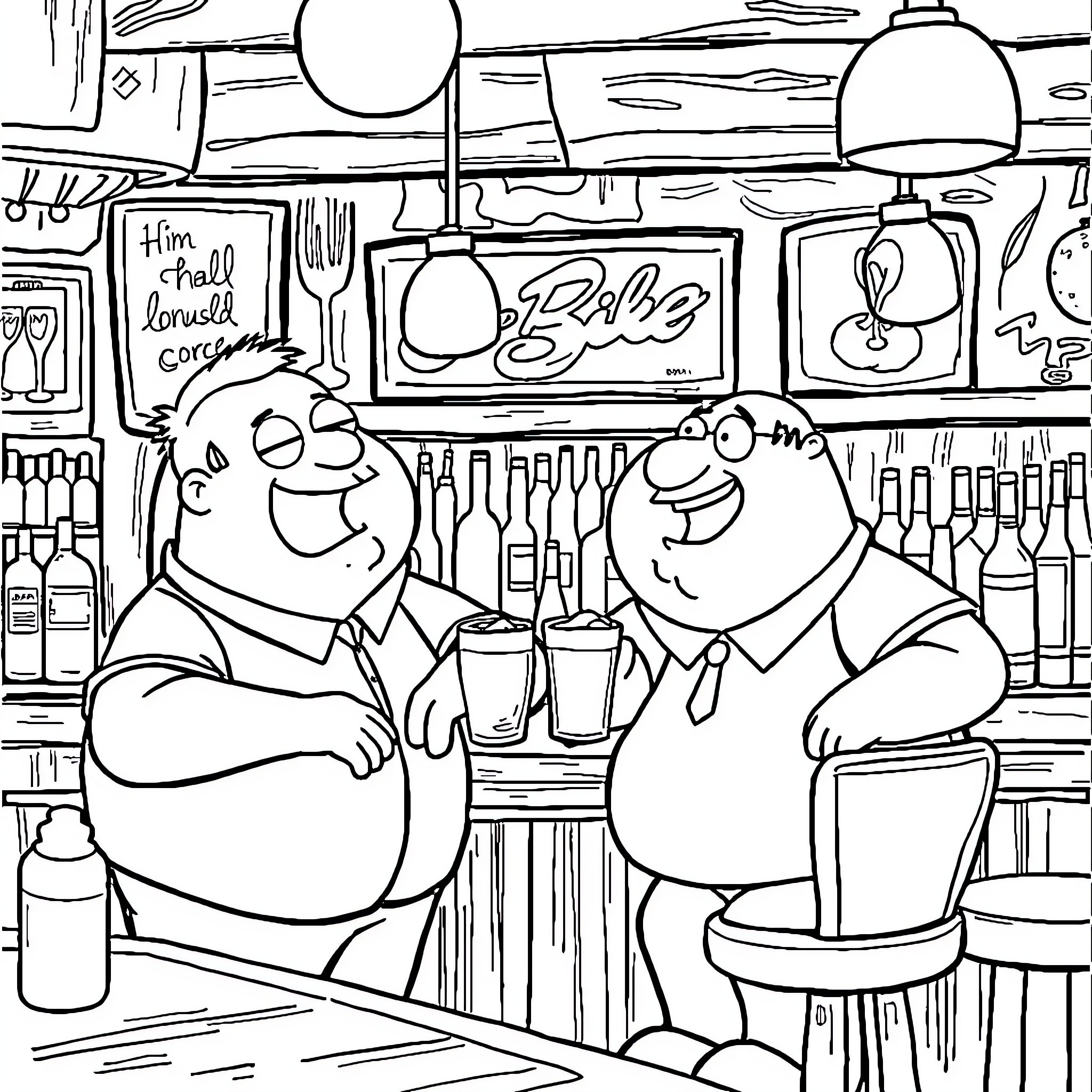 Peter Griffin enjoying drinks with friend at the bar Coloring Page (free black-and-white line drawing printable PDF for all, from beginners to advanced learners, including children, teens, adults, and seniors)