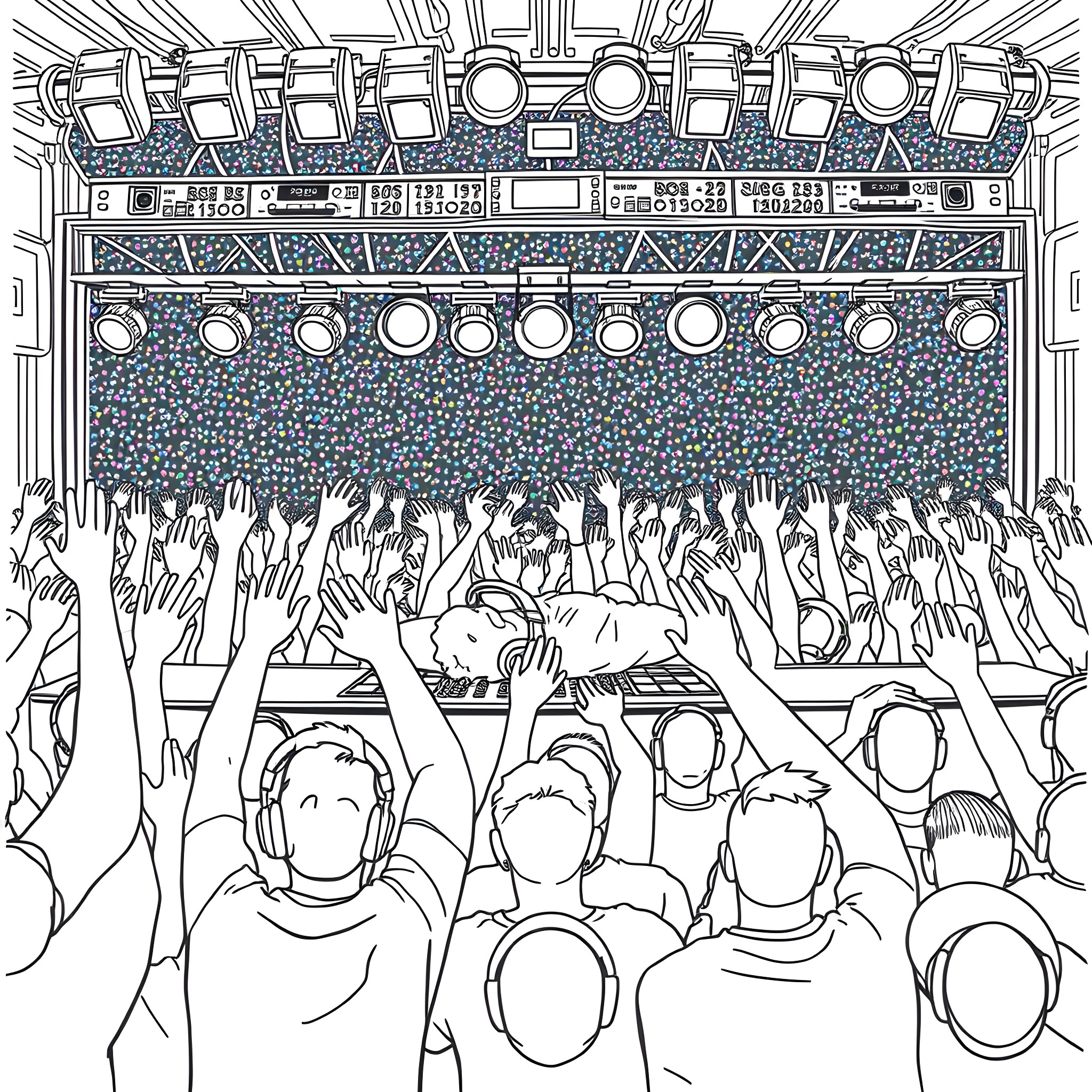 DJ Rocking the Stage at Lively Music Festival Coloring Page (free black-and-white line drawing printable PDF for all, from beginners to advanced learners, including children, teens, adults, and seniors)