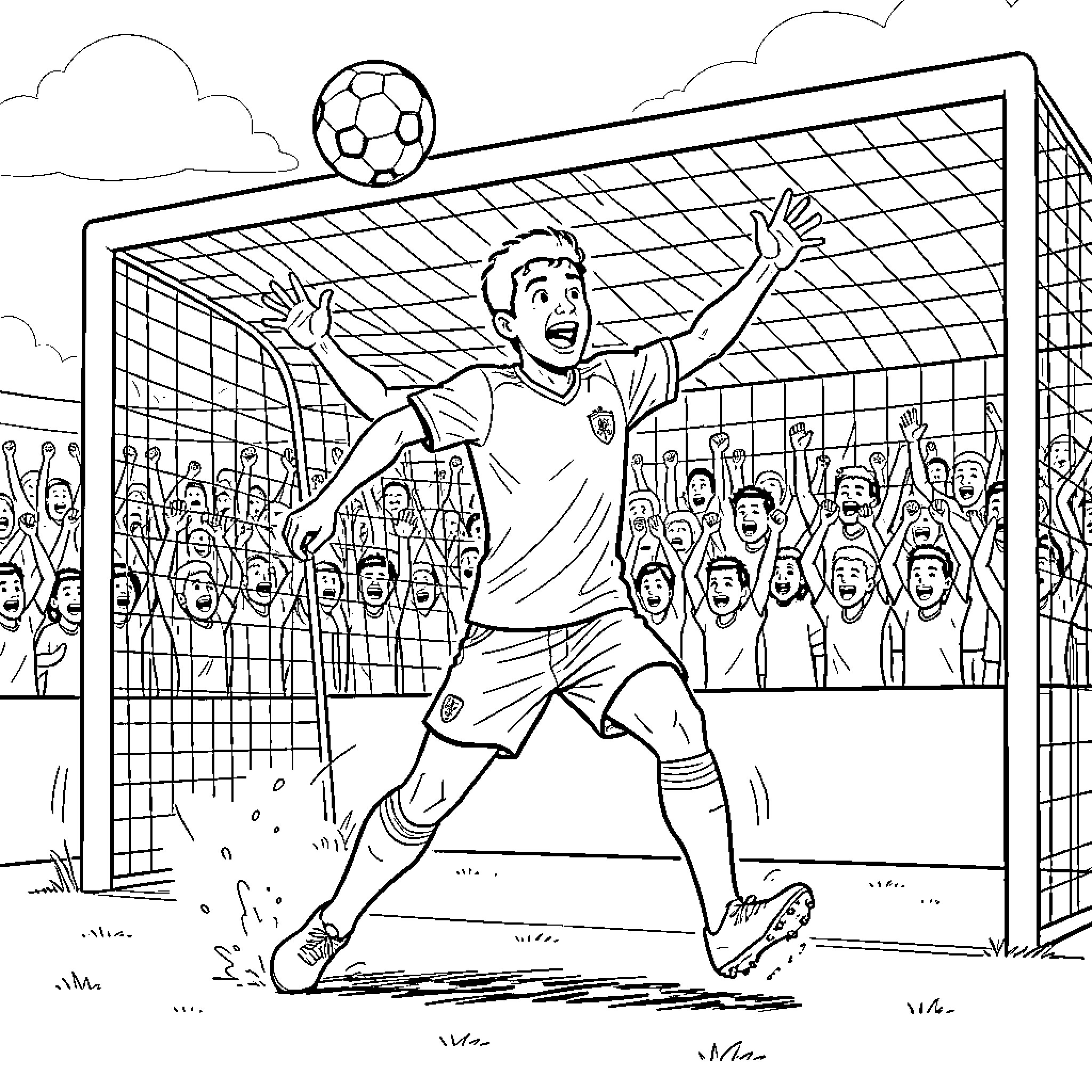 Vinicius Junior Celebrates Scoring a Goal in a Soccer Match Coloring Page (free black-and-white line drawing printable PDF for all, from beginners to advanced learners, including children, teens, adults, and seniors)