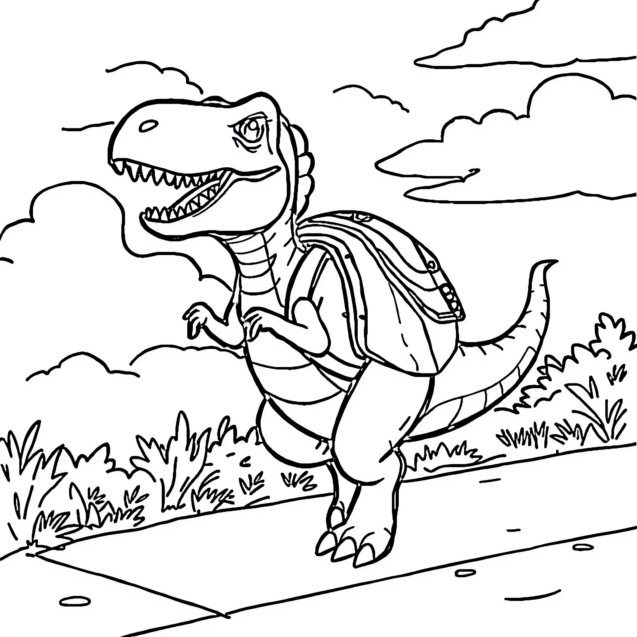 Dinosaur roaring fiercely in the wilderness Coloring Page (free black-and-white line drawing printable PDF for all, from beginners to advanced learners, including children, teens, adults, and seniors)
