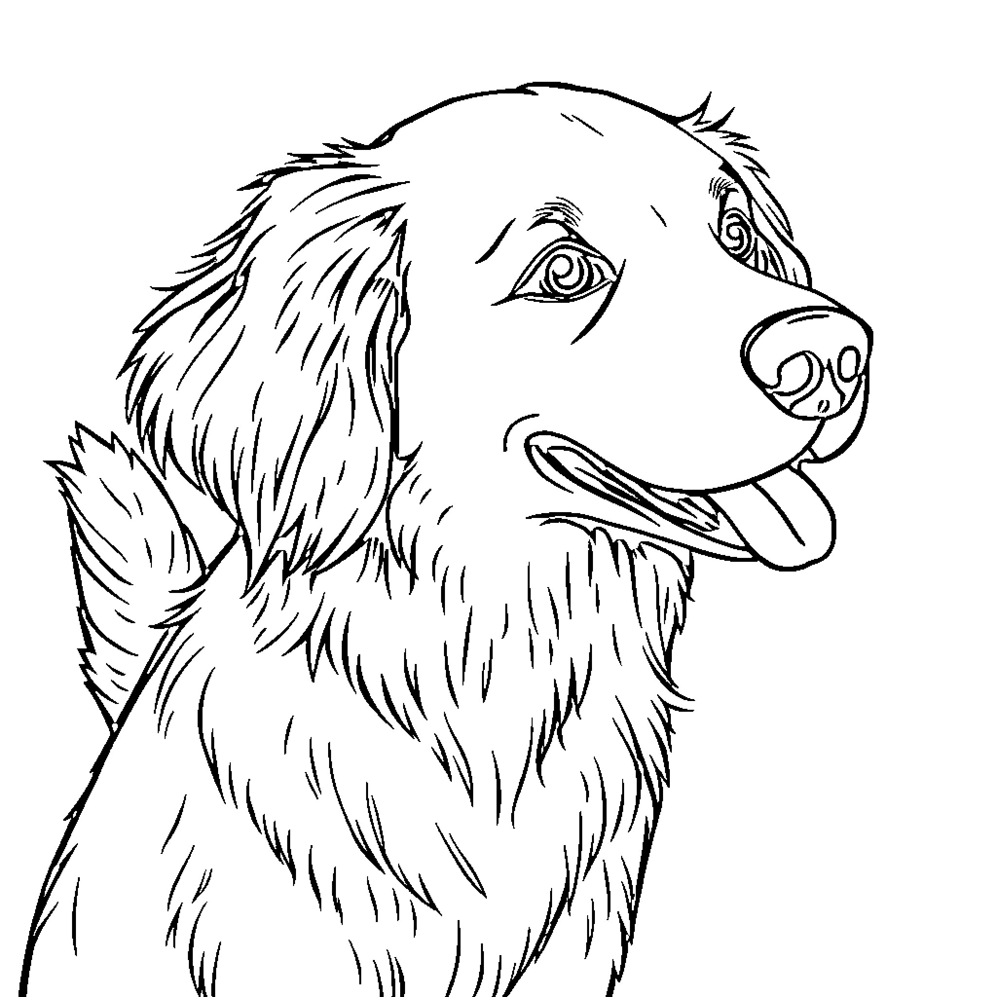 Golden Retriever drawing with expressive features Coloring Page (free black-and-white line drawing printable PDF for all, from beginners to advanced learners, including children, teens, adults, and seniors)