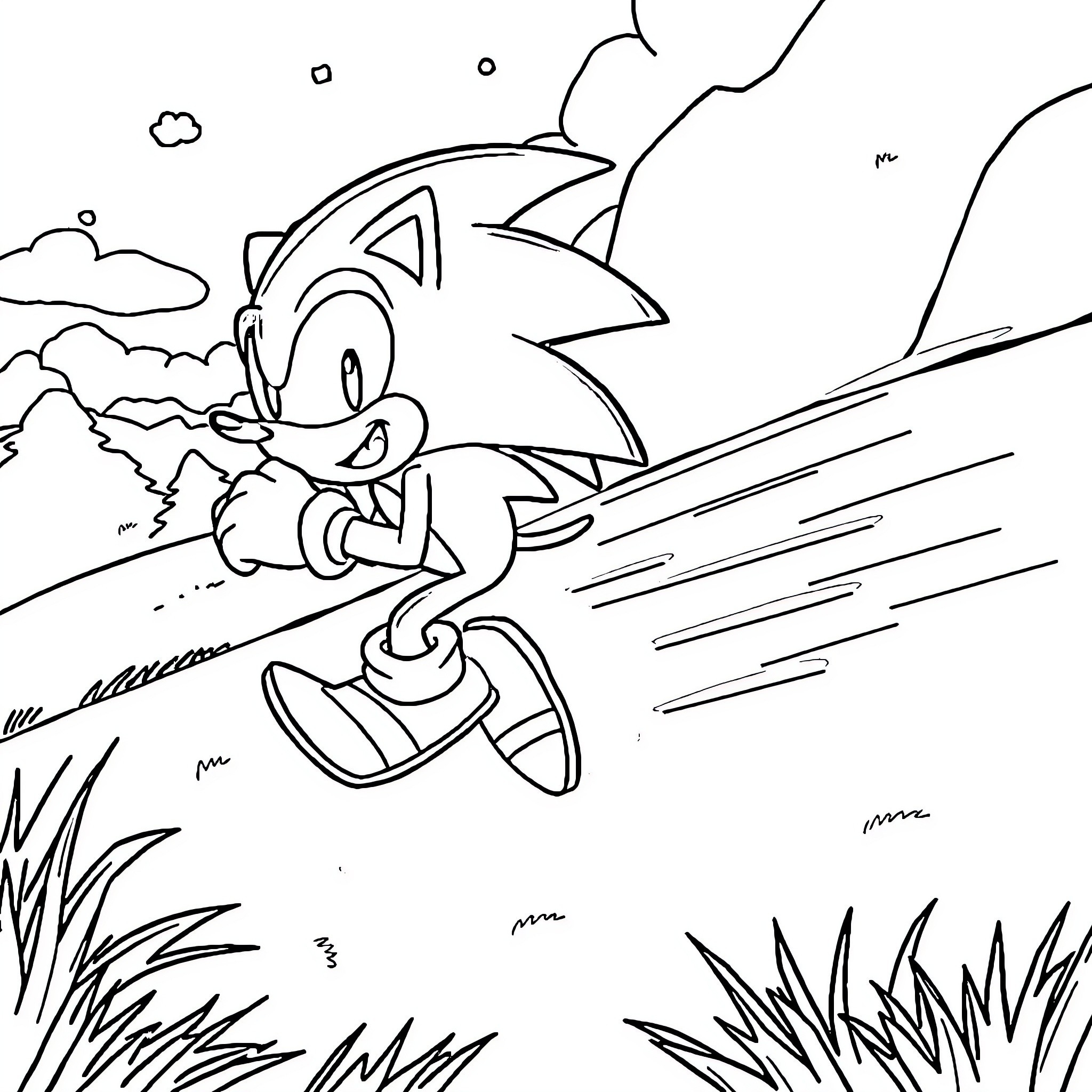 Sonic running swiftly through the landscape Coloring Page (free black-and-white line drawing printable PDF for all, from beginners to advanced learners, including children, teens, adults, and seniors)