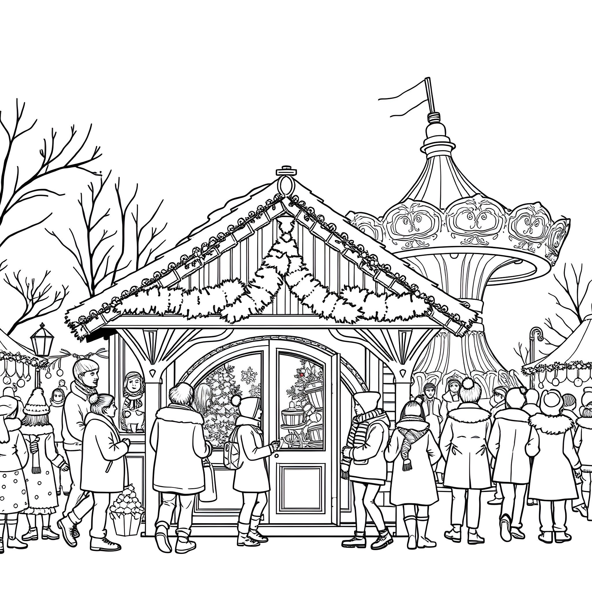Christmas Market with Festive Decorations and Crowd Coloring Page (free black-and-white line drawing printable PDF for all, from beginners to advanced learners, including children, teens, adults, and seniors)