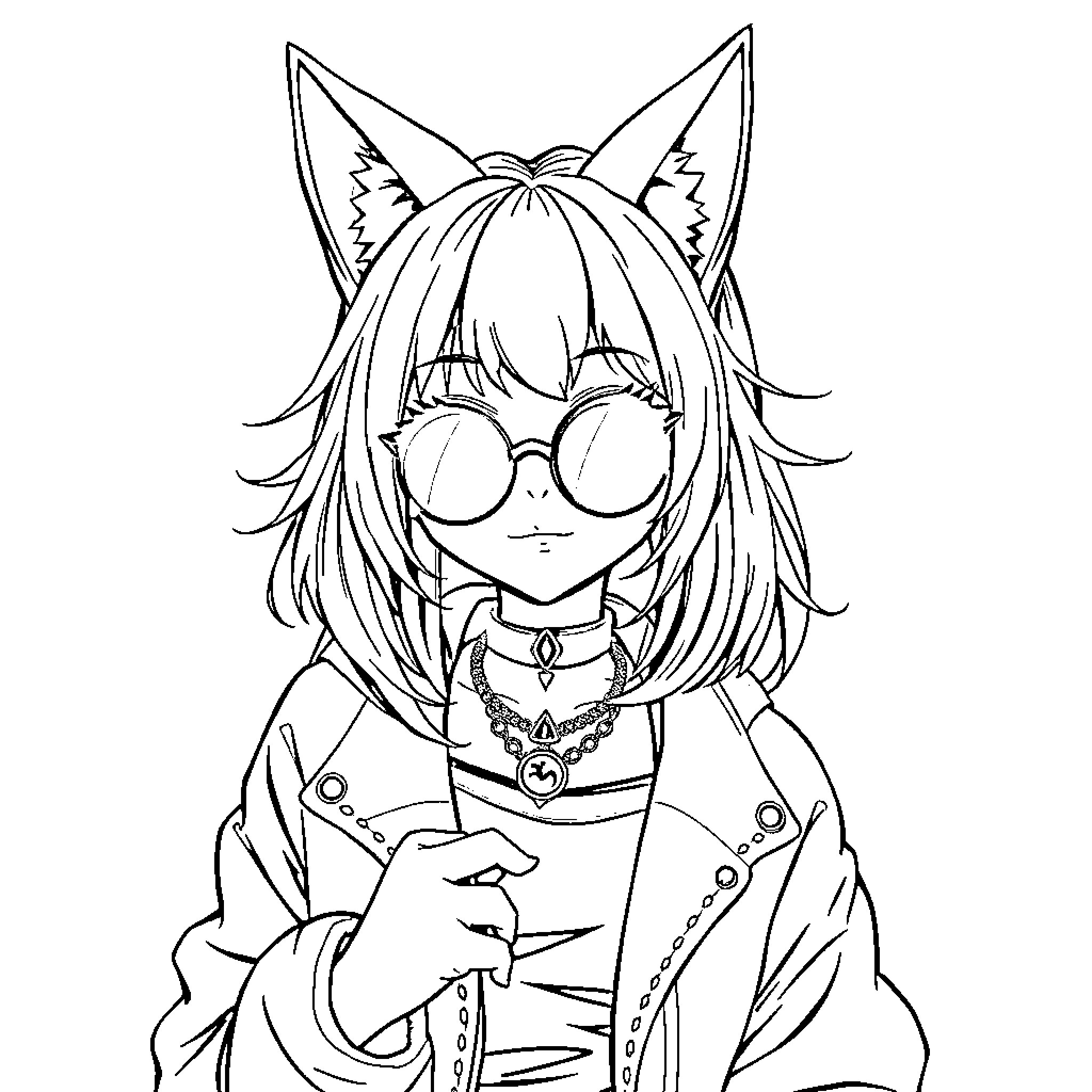 Kitty with Anime-style Outfit and Accessories Coloring Page (free black-and-white line drawing printable PDF for all, from beginners to advanced learners, including children, teens, adults, and seniors)