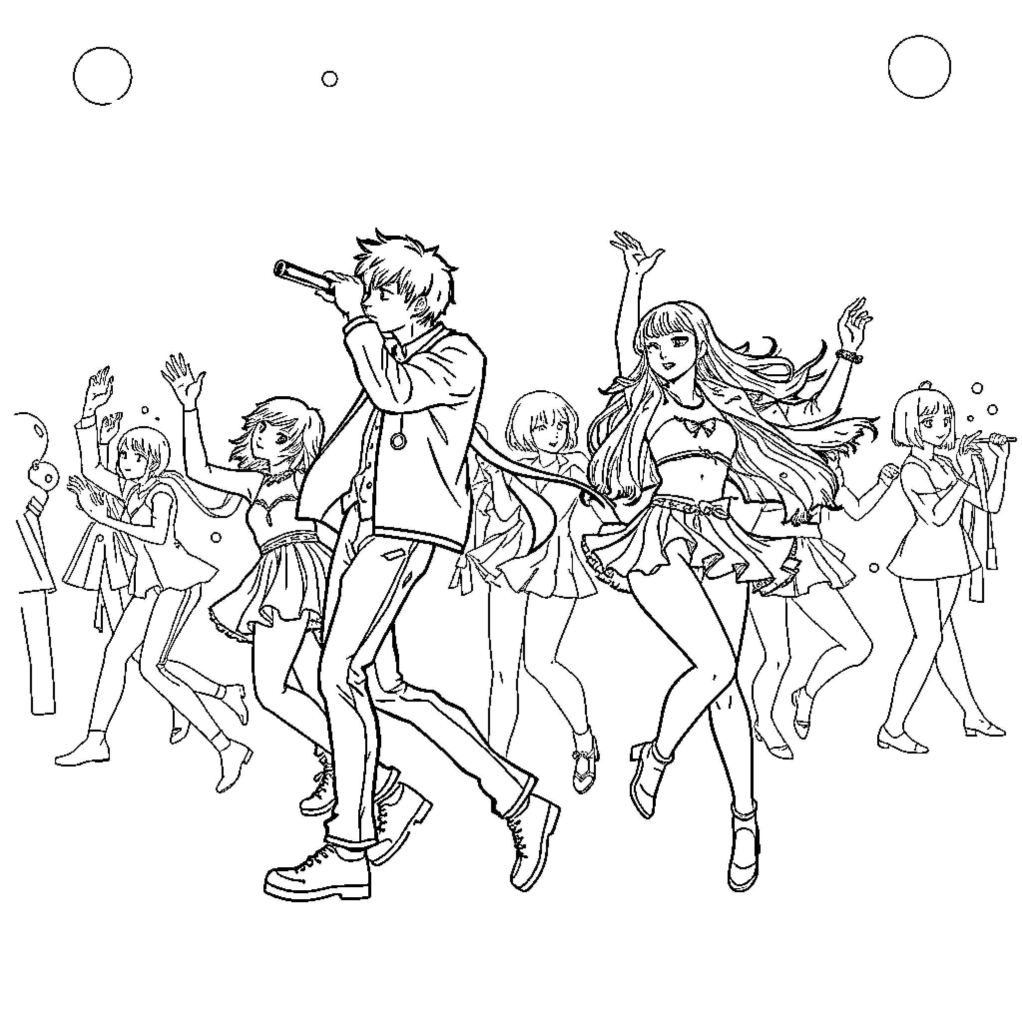 K Pop Group Performing on Stage with Energy Coloring Page (free black-and-white line drawing printable PDF for all, from beginners to advanced learners, including children, teens, adults, and seniors)