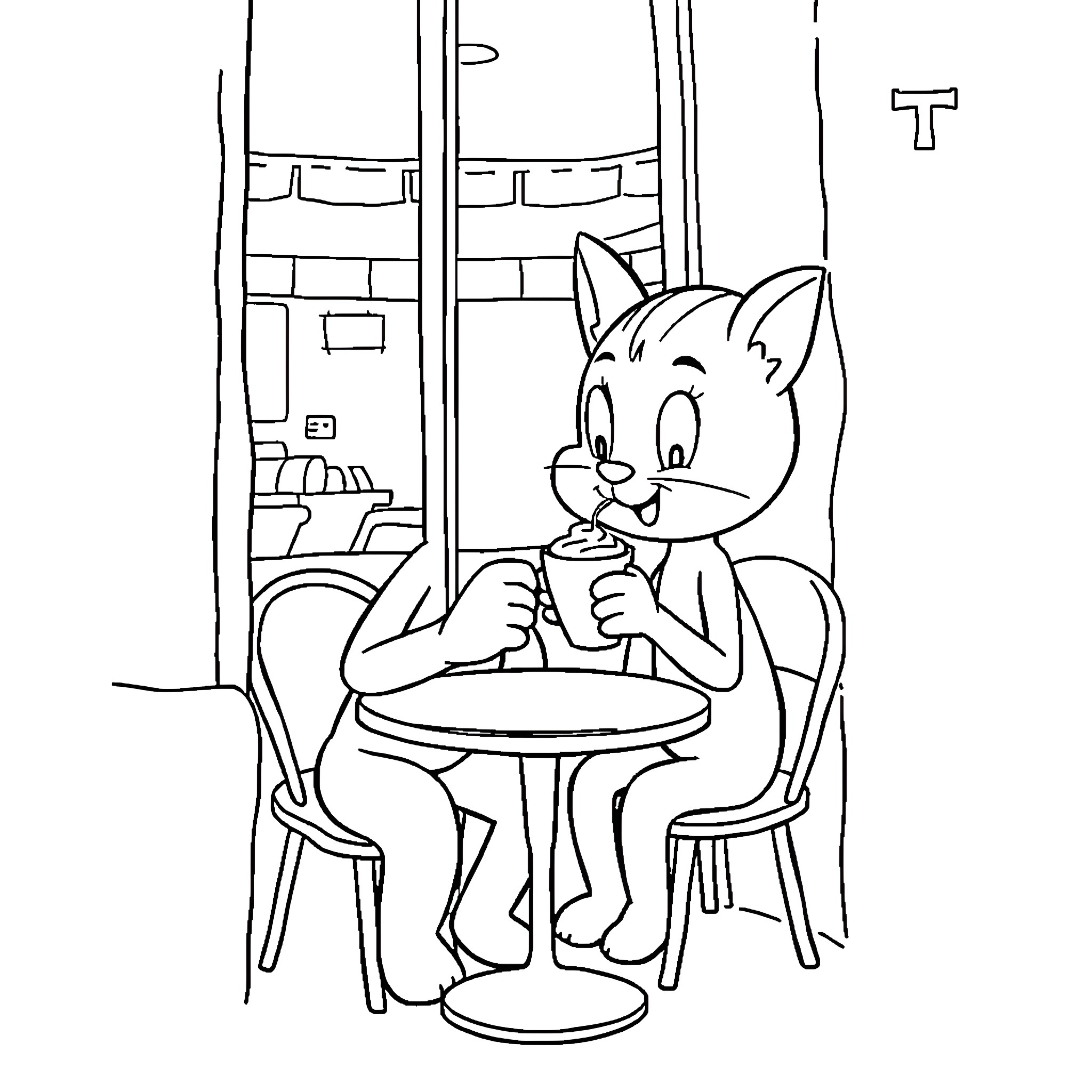 Tom enjoying a refreshing drink at a cafe Coloring Page (free black-and-white line drawing printable PDF for all, from beginners to advanced learners, including children, teens, adults, and seniors)